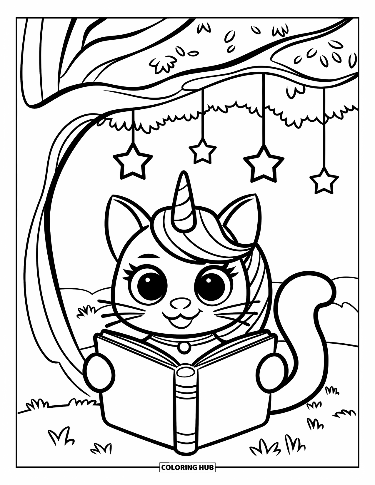 Unicorn Cat Coloring Page for Kids: Unicorn cat reads a book under a tree with stars gently hanging from its branches