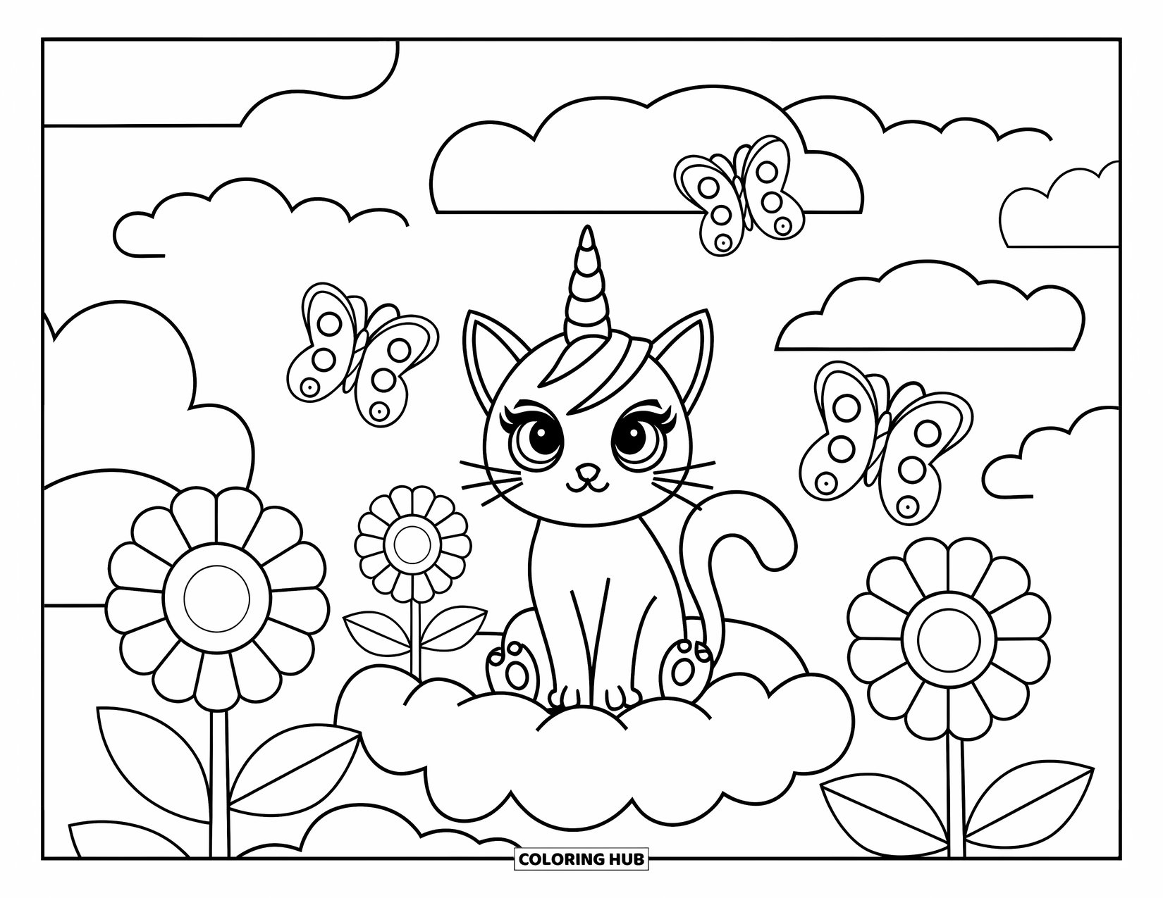 Unicorn Cat Coloring Page for Kids: Unicorn cat rests on a cloud, surrounded by butterflies and blooming flowers