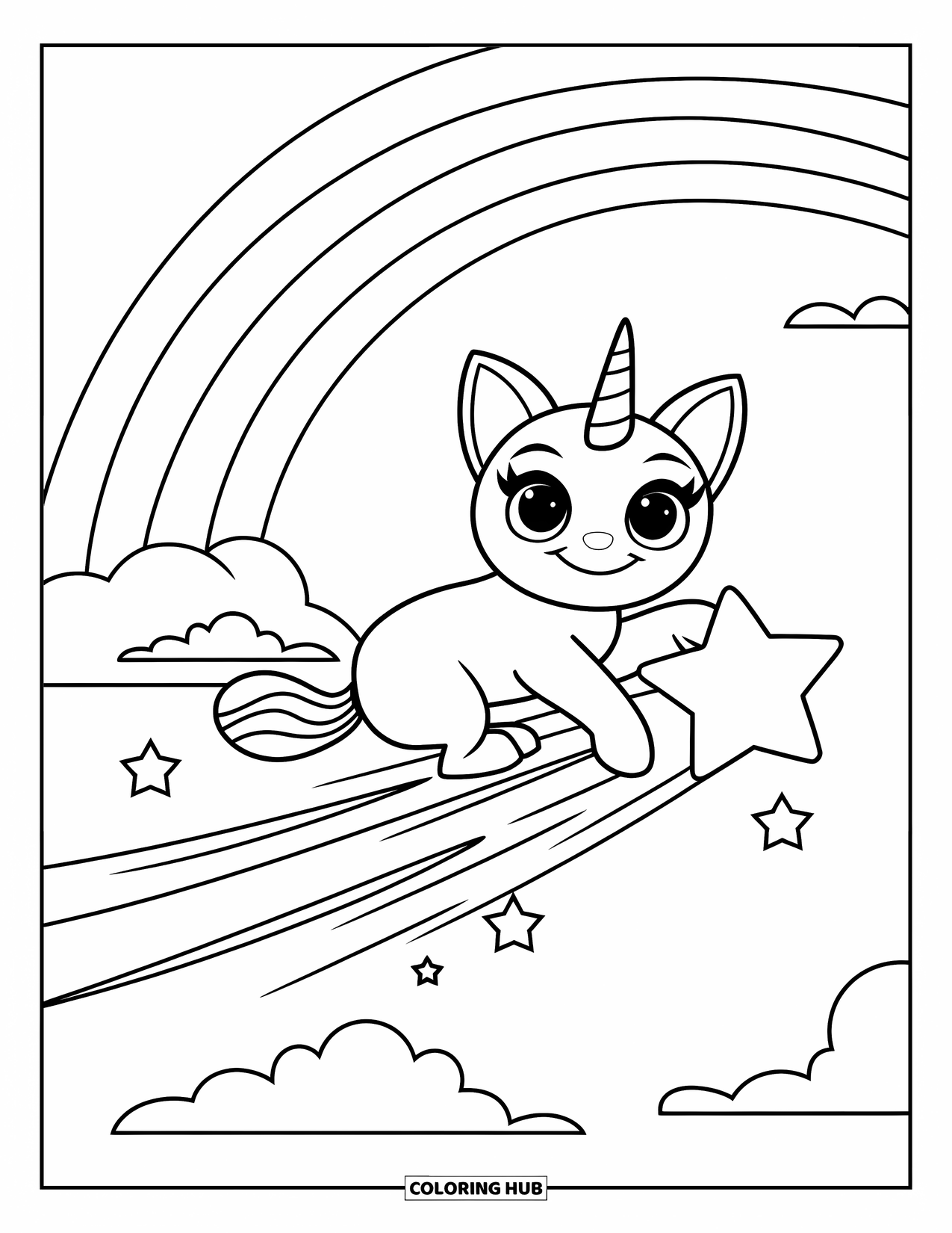 Unicorn Cat Coloring Page for Kids: Unicorn cat rides a shooting star above clouds and a glowing rainbow