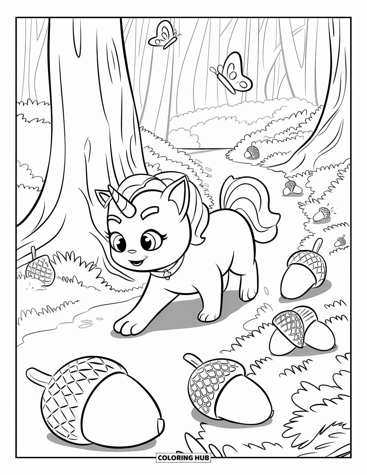 Unicorn Cat Coloring Page for Kids: Unicorn cat strolls through a peaceful forest with butterflies and big acorns on the path