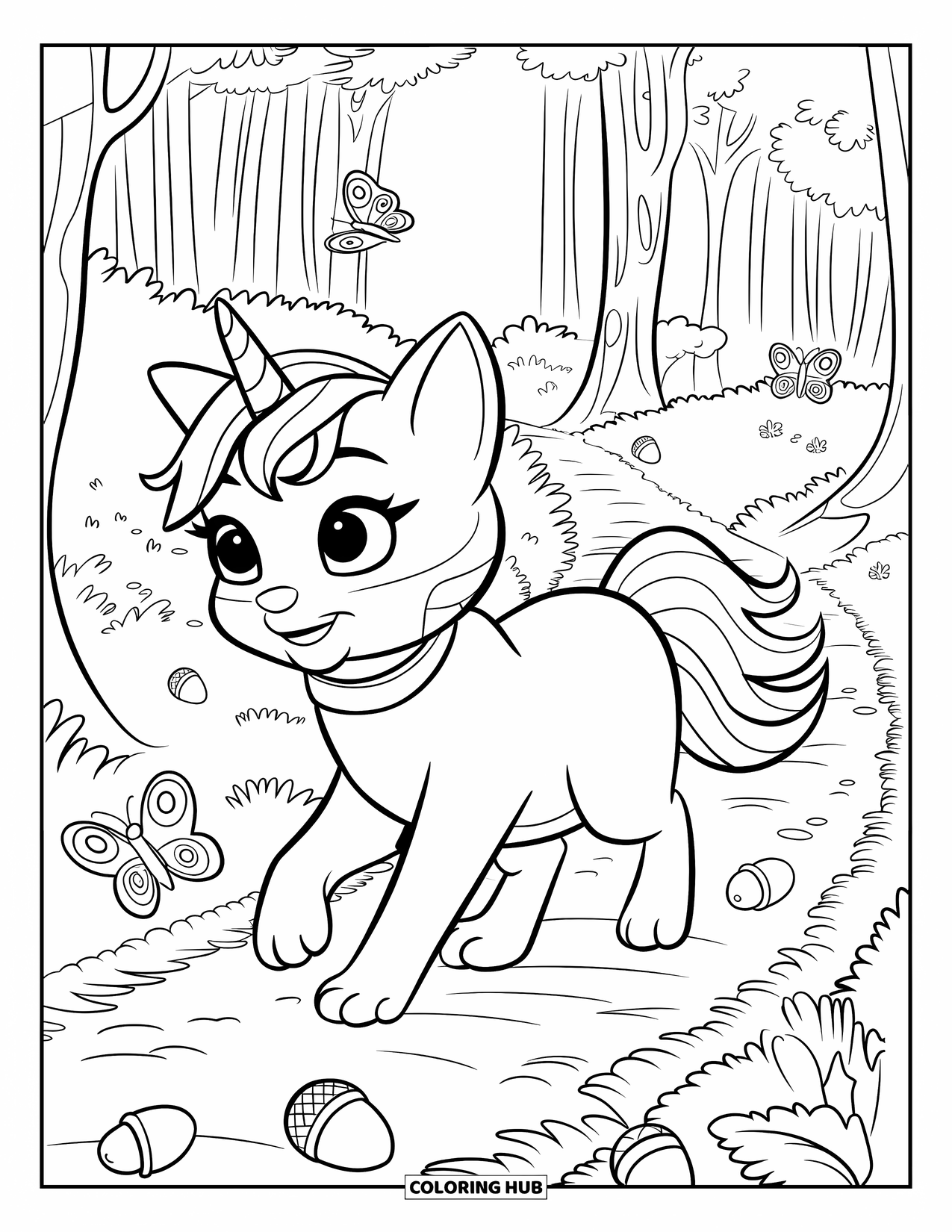 Unicorn Cat Coloring Page for Kids: Unicorn cat wanders a quiet forest trail with tall trees, butterflies, and fallen acorns