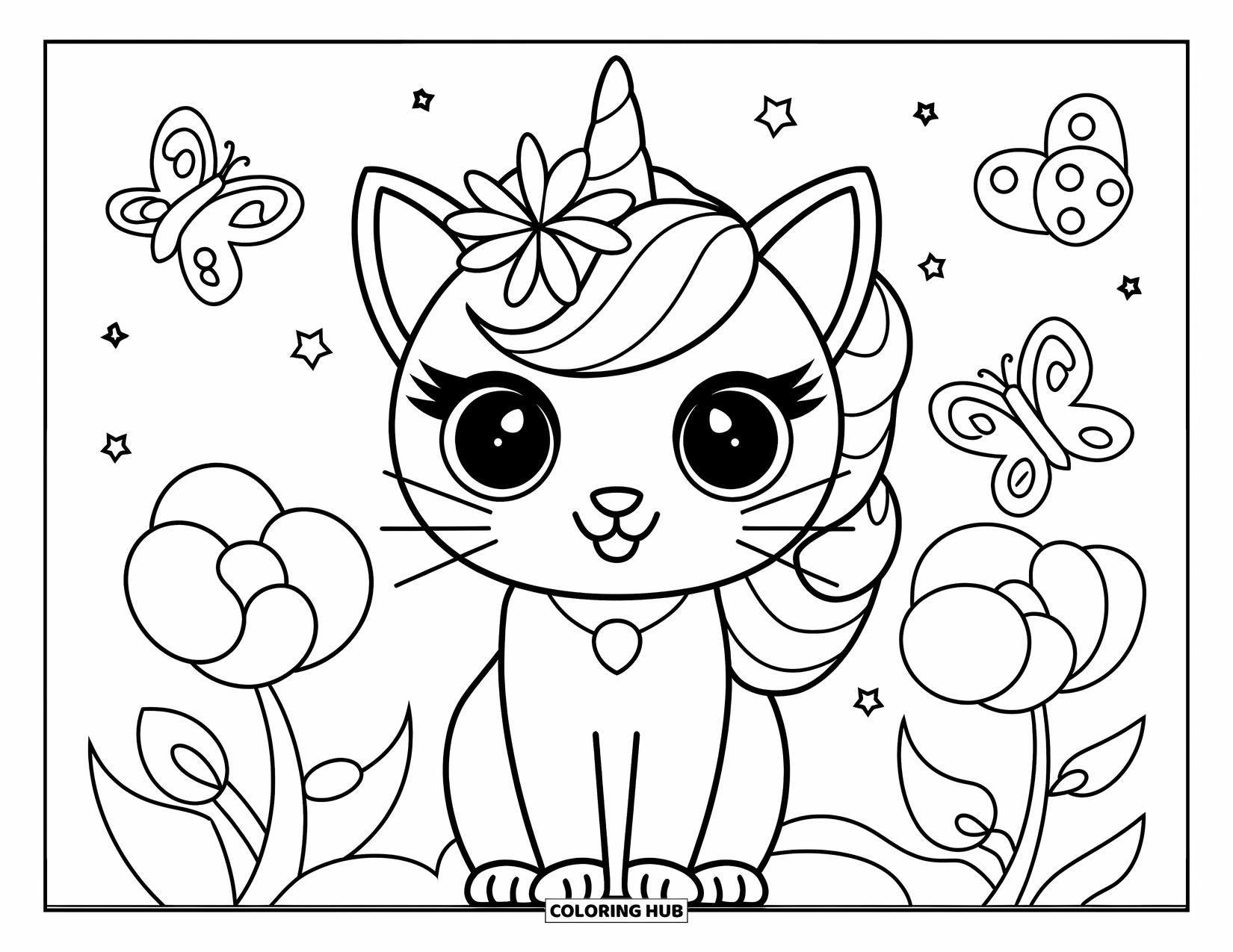 Unicorn Cat Coloring Page for Kids: Unicorn cat with a flower crown sits happily among butterflies and blossoms