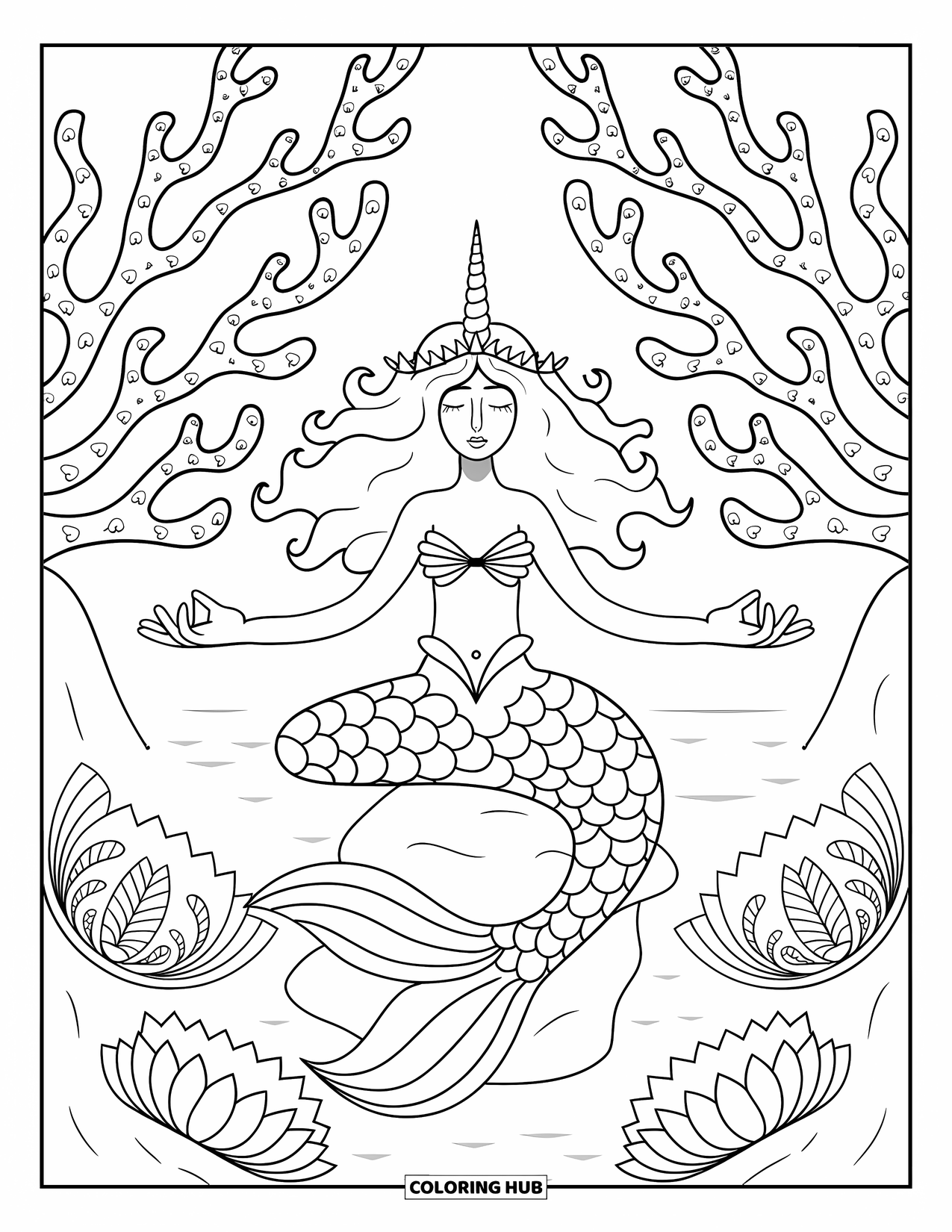 Unicorn Mermaid Coloring Page for Adults: Unicorn mermaid in a meditative pose sits among coral and lotus mandala patterns