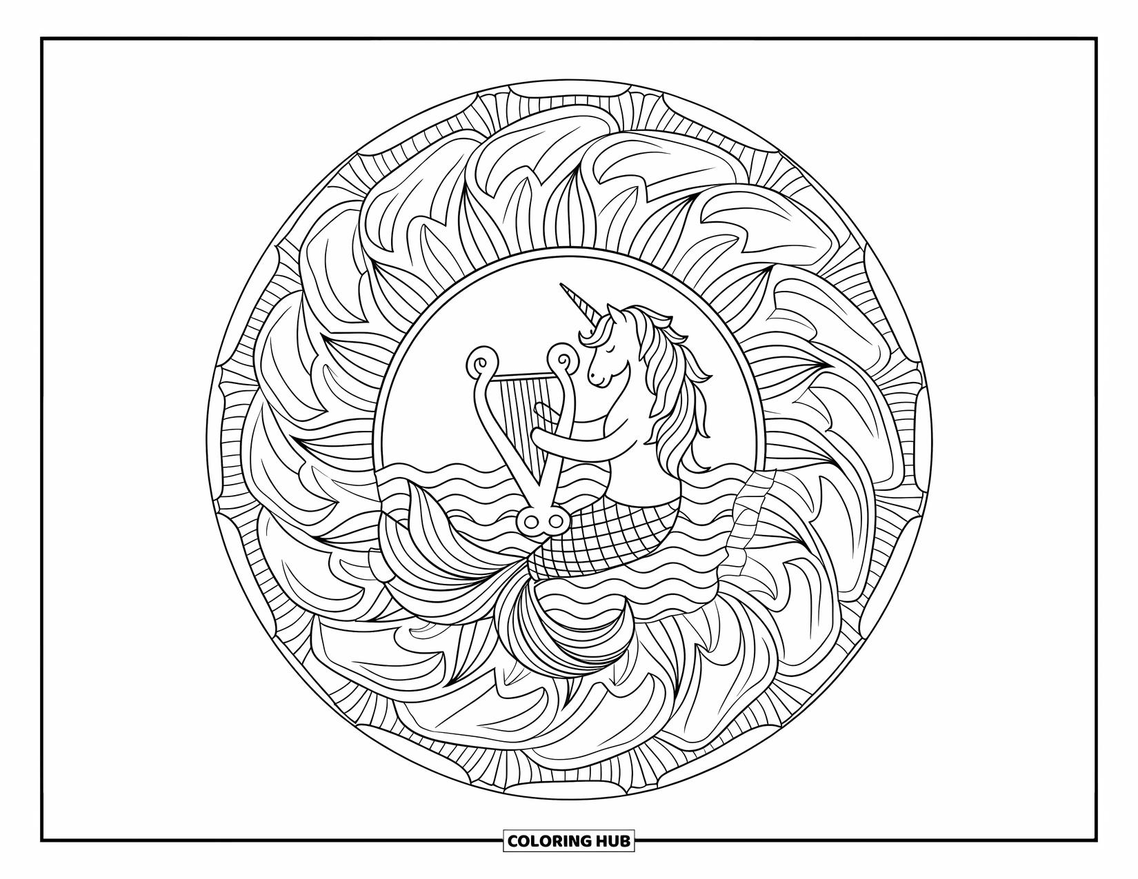 Unicorn Mermaid Coloring Page for Adults: Unicorn mermaid plays harp inside a patterned mandala full of waves and petals