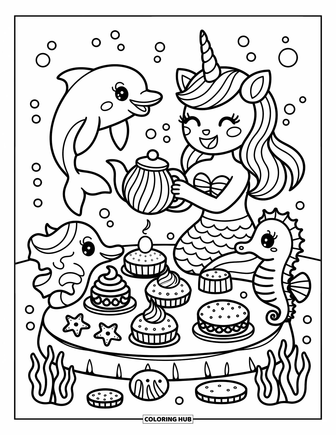 Unicorn Mermaid Coloring Page for Adults: Unicorn mermaid pours tea from a conch shell for her sea creature friends