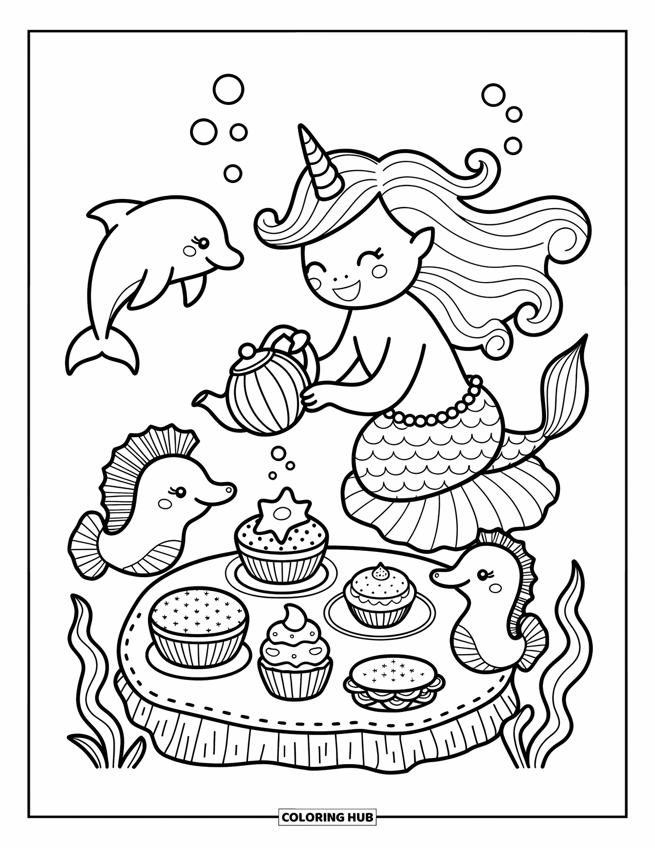 Unicorn Mermaid Coloring Page for Adults: Unicorn mermaid shares tea with playful sea creatures on a coral cushion