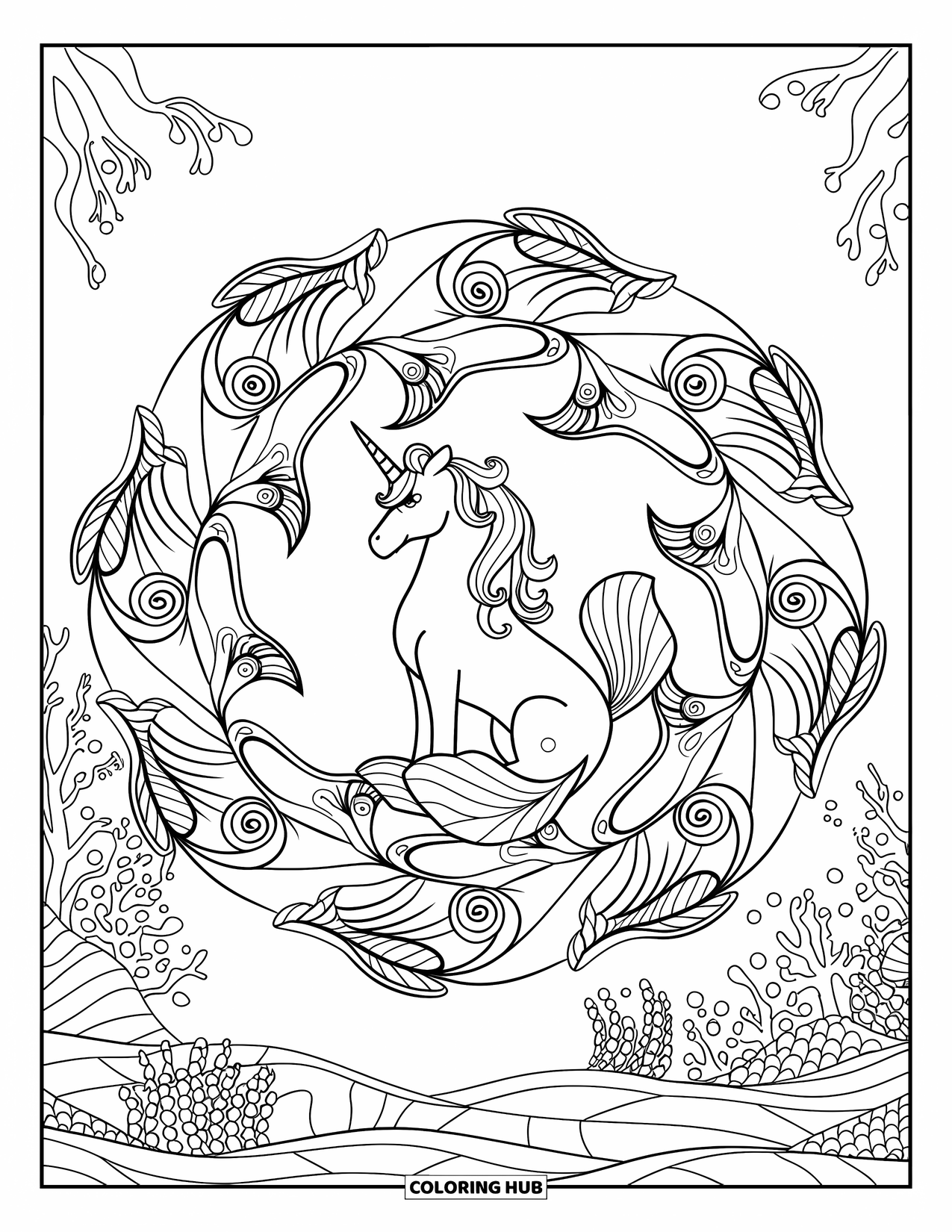 Unicorn Mermaid Coloring Page for Adults: Unicorn mermaid sits forward in a seaweed mandala with coral and ocean plants
