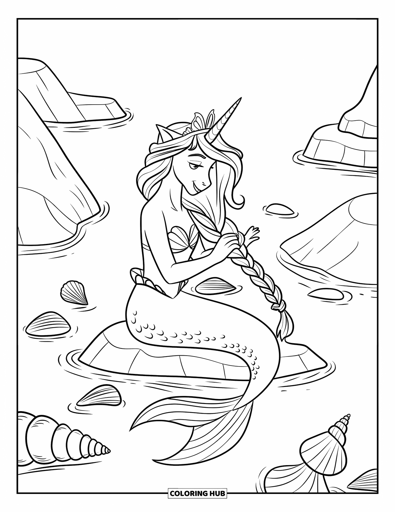 Unicorn Mermaid Coloring Page for Kids: Unicorn mermaid braids her hair surrounded by seashells on a rock