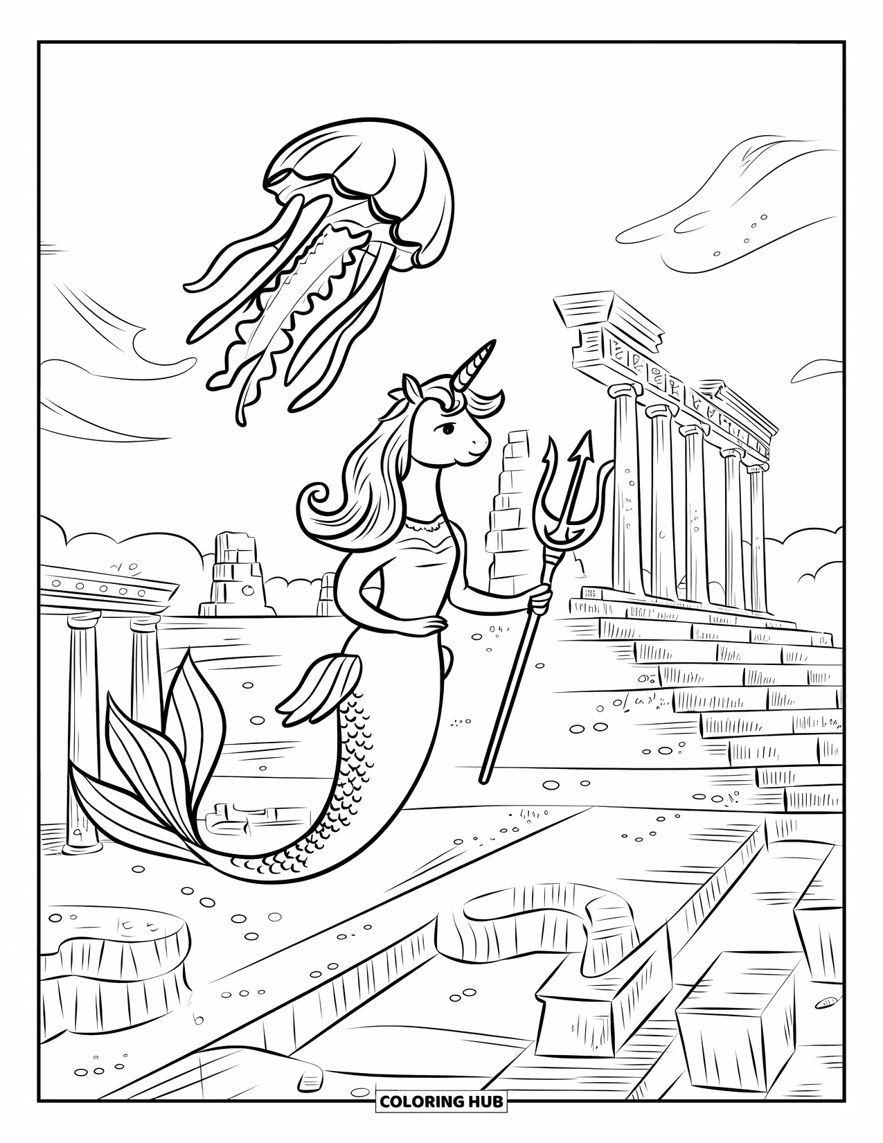 Unicorn Mermaid Coloring Page for Kids: Unicorn mermaid floats with a jellyfish lantern and trident among broken ruins and clouds