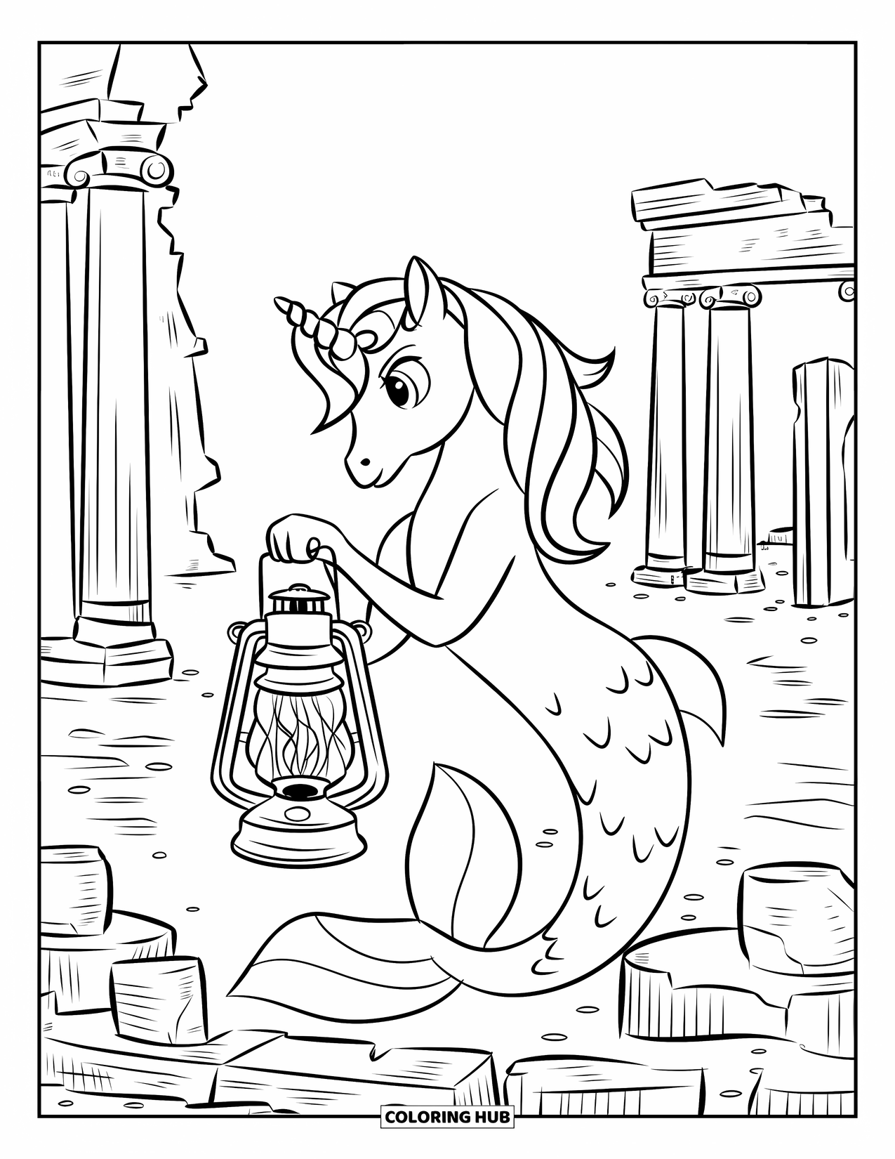 Unicorn Mermaid Coloring Page for Kids: Unicorn mermaid holding a jellyfish lantern explores ancient ruins with columns and arches