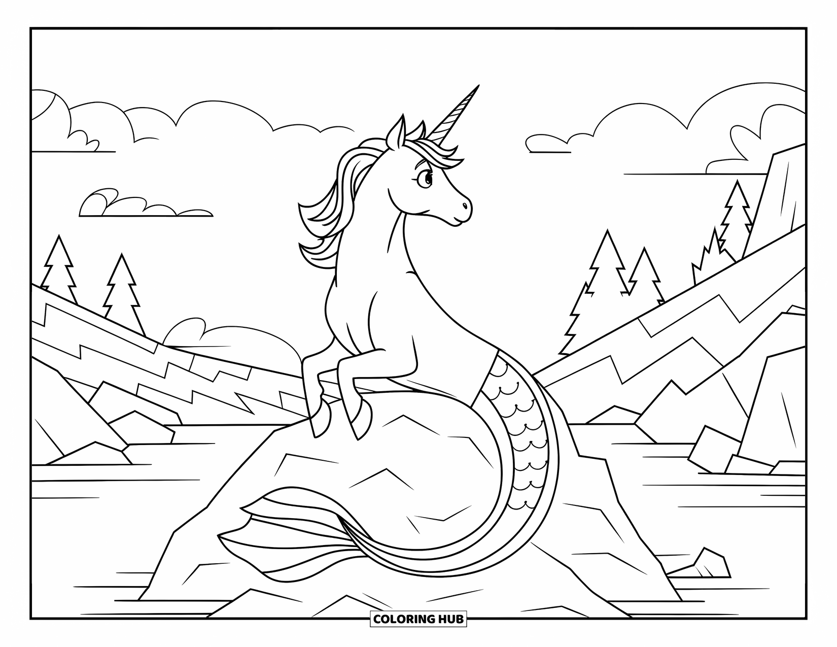 Unicorn Mermaid Coloring Page for Kids: Unicorn mermaid sits calmly on a rock with mountains and water surrounding her