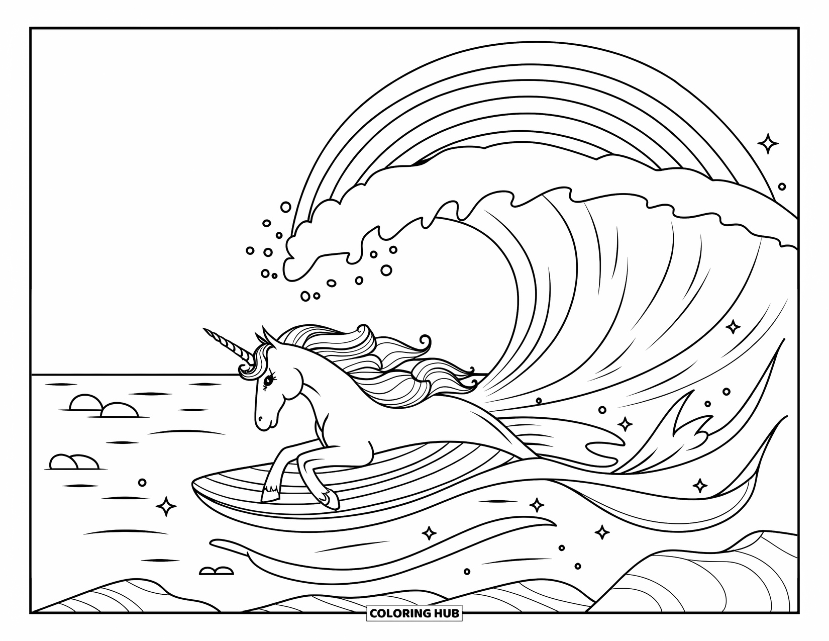 Unicorn Mermaid Coloring Page for Kids: Unicorn mermaid with a rainbow wave glides through the sea with sparkles