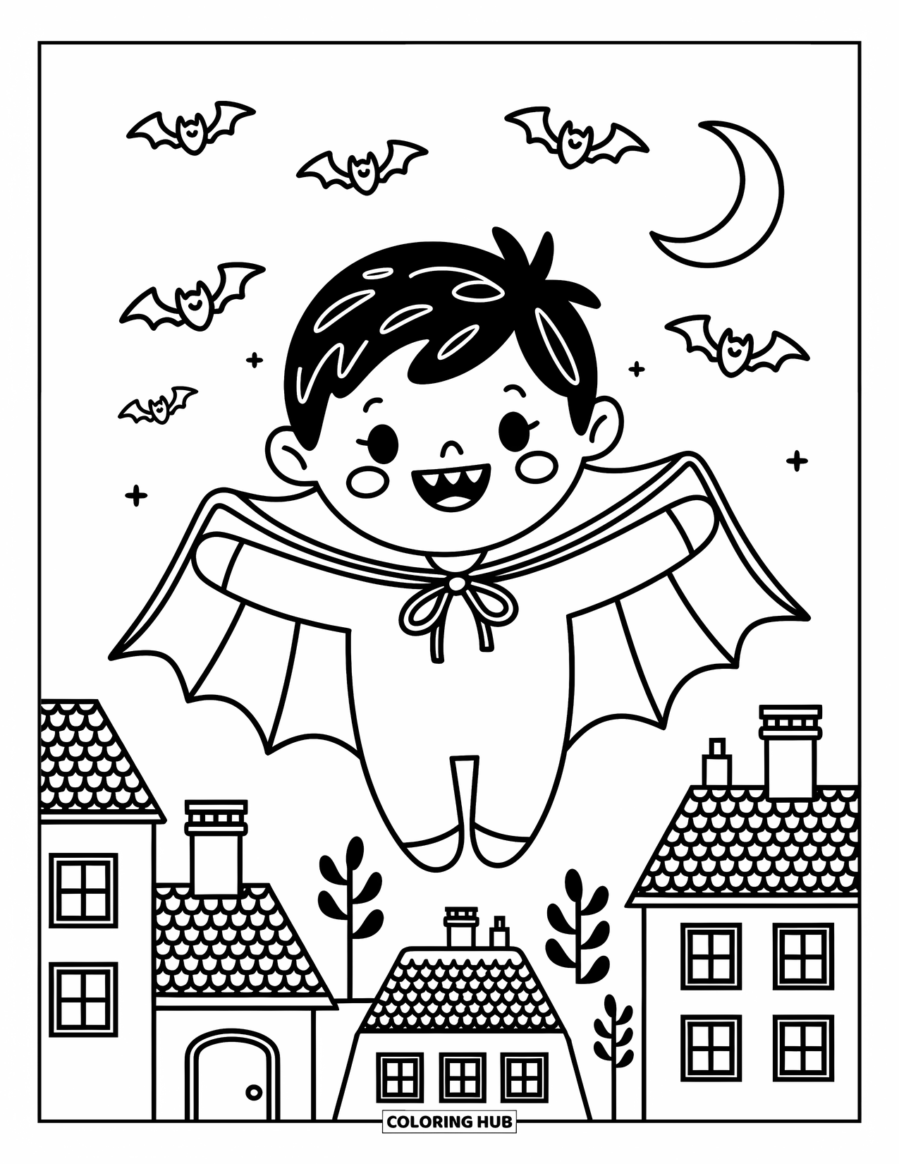 Vampire Coloring Page for Adults: A cheerful vampire boy glides over rooftops as bats follow beneath the moon