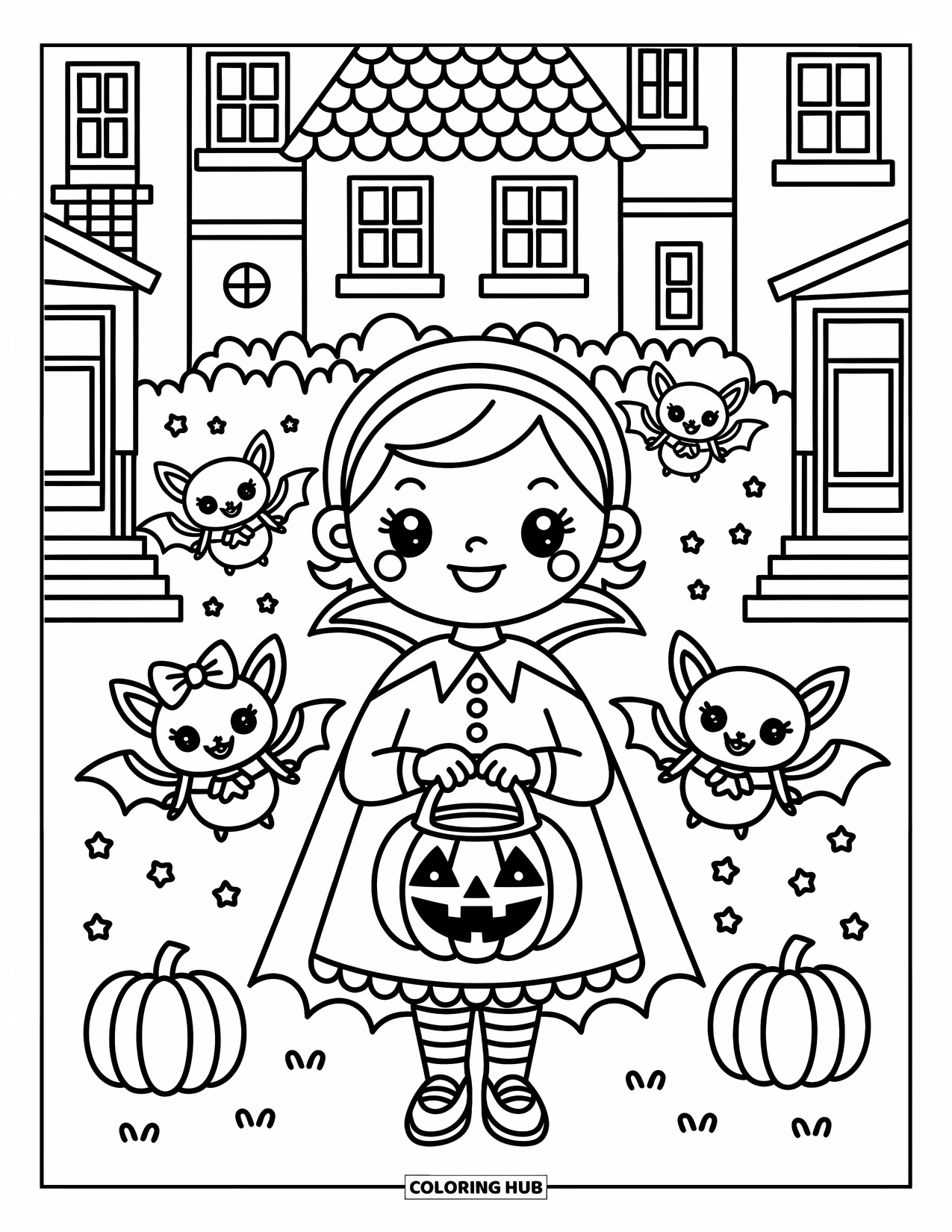 Vampire Coloring Page for Adults: A cheerful vampire girl with a pumpkin bucket is surrounded by bats carrying candy