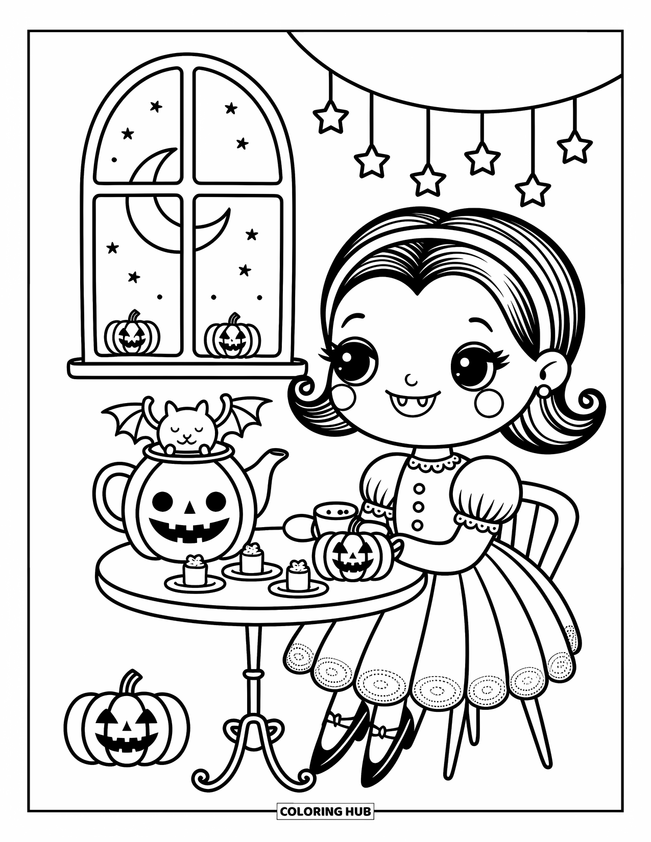 Vampire Coloring Page for Adults: A cute vampire sips tea at a tiny table with pumpkin treats and a sleepy bat