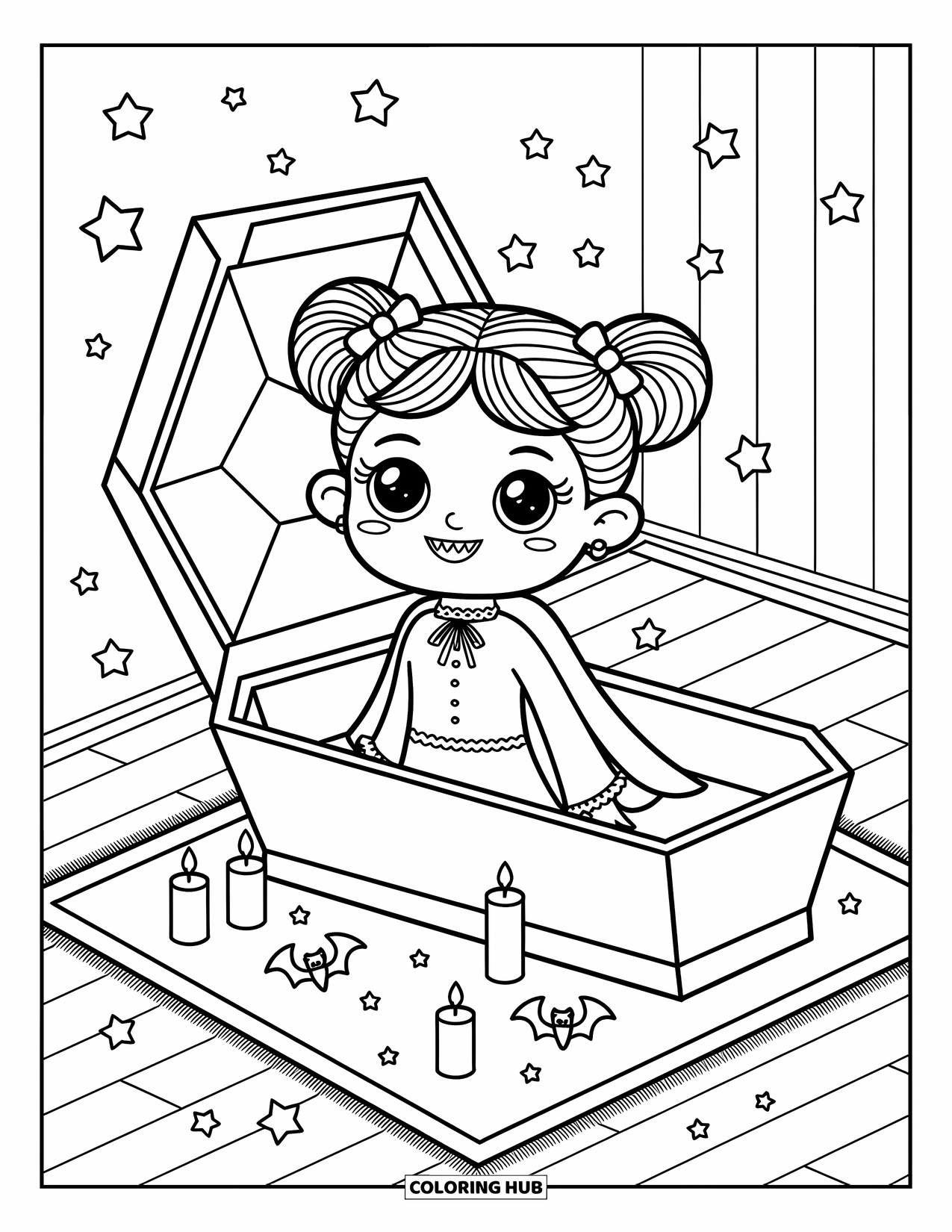 Vampire Coloring Page for Adults: A friendly vampire girl pops from her coffin in a cozy room full of toys