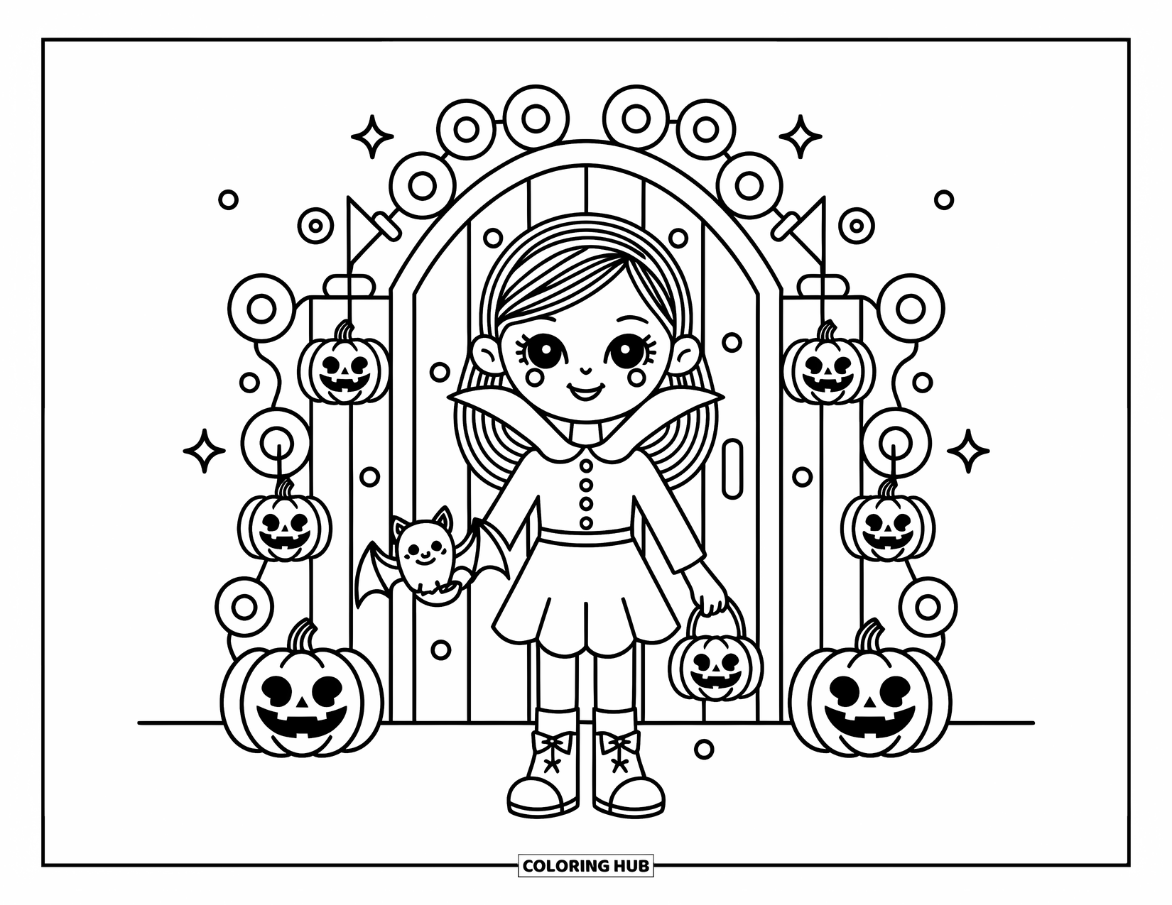Vampire Coloring Page for Adults: A girl vampire stands proudly at a haunted castle gate holding a tiny bat plushie