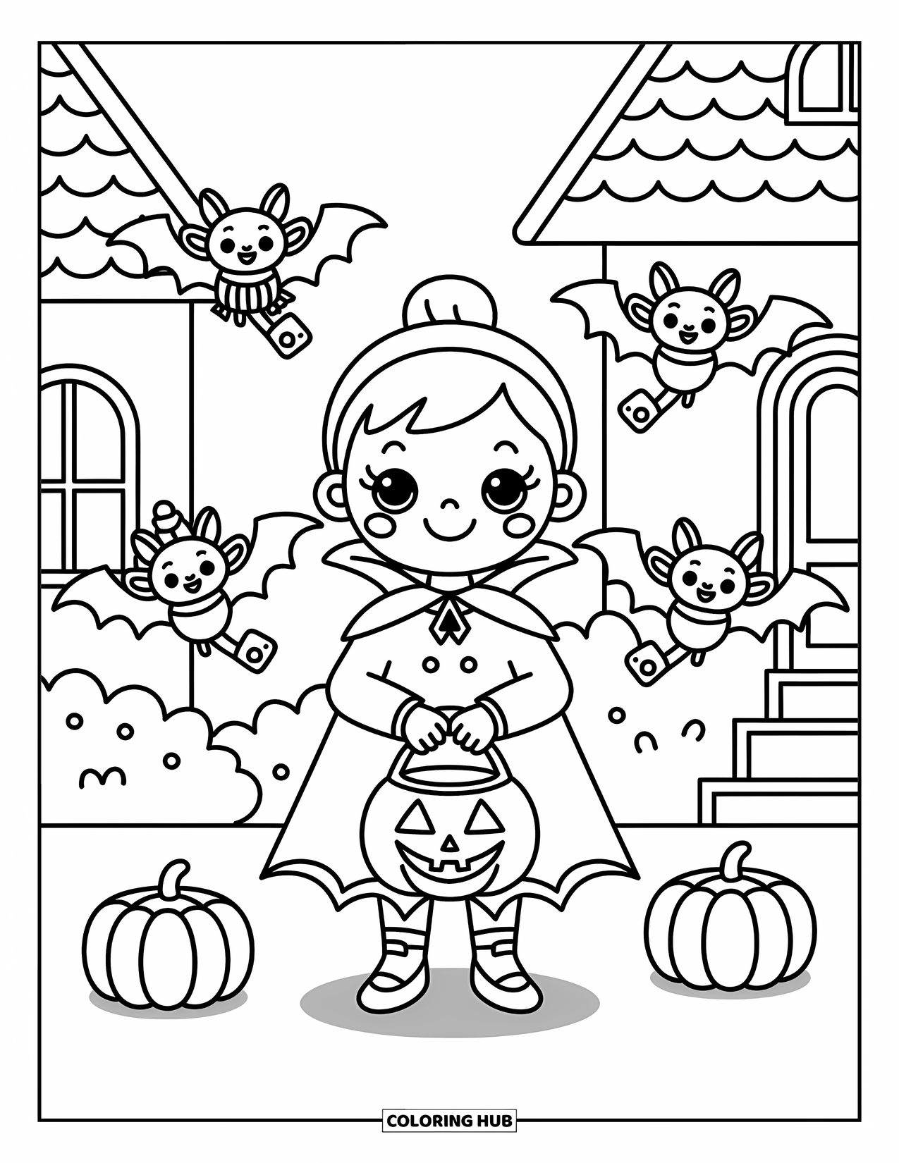 Vampire Coloring Page for Adults: A happy vampire girl and her bat friends collect candy near lantern-lit houses