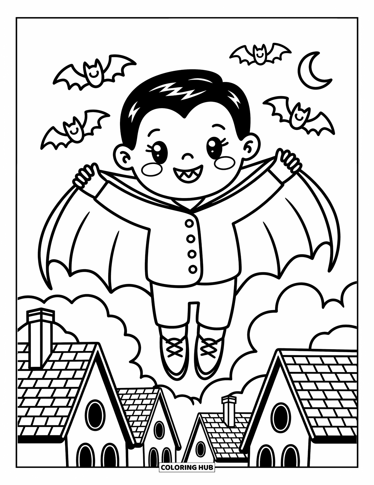 Vampire Coloring Page for Adults: A smiling vampire boy flies with bats over whimsical rooftops and glowing trees