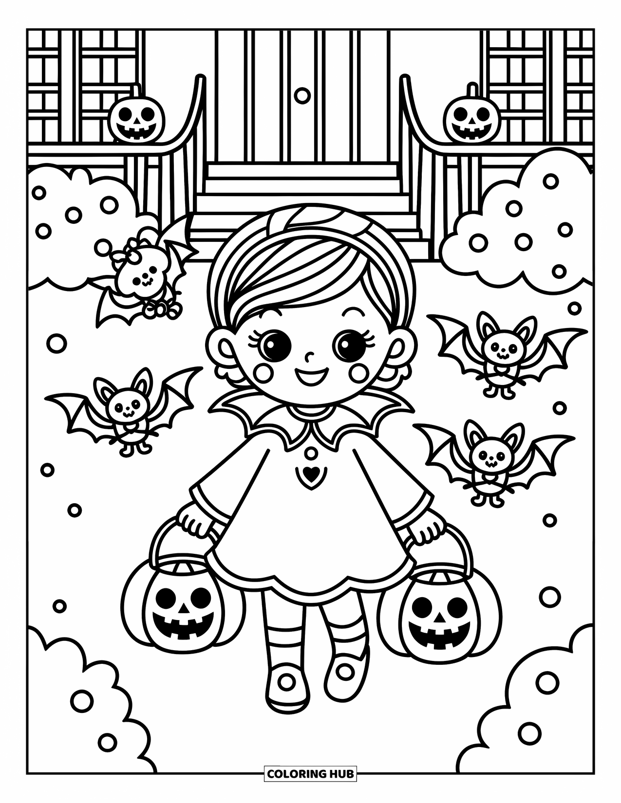 Vampire Coloring Page for Adults: A smiling vampire girl walks with candy bats past houses with glowing pumpkins