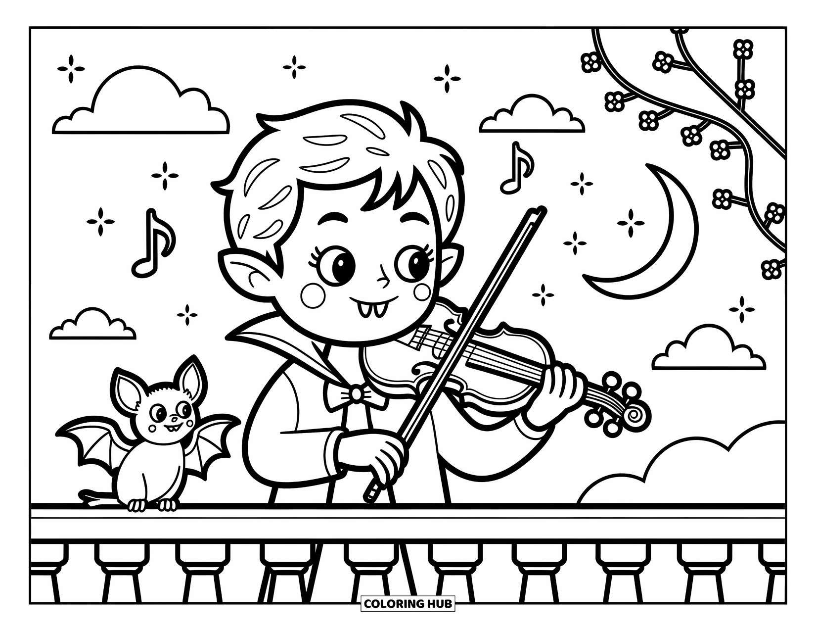 Vampire Coloring Page for Adults: A sweet vampire boy plays violin for a bat under a moonlit, starry sky
