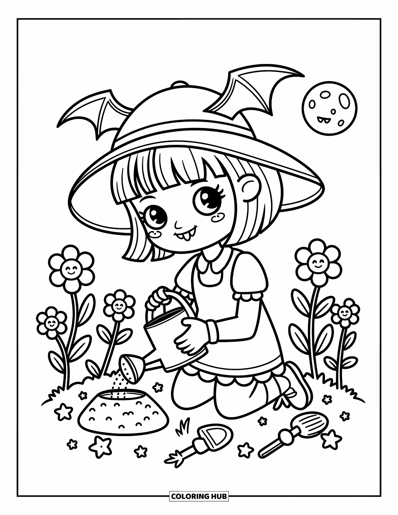 Vampire Coloring Page for Adults: A vampire girl plants smiling moon flowers under the moon with a tiny watering can