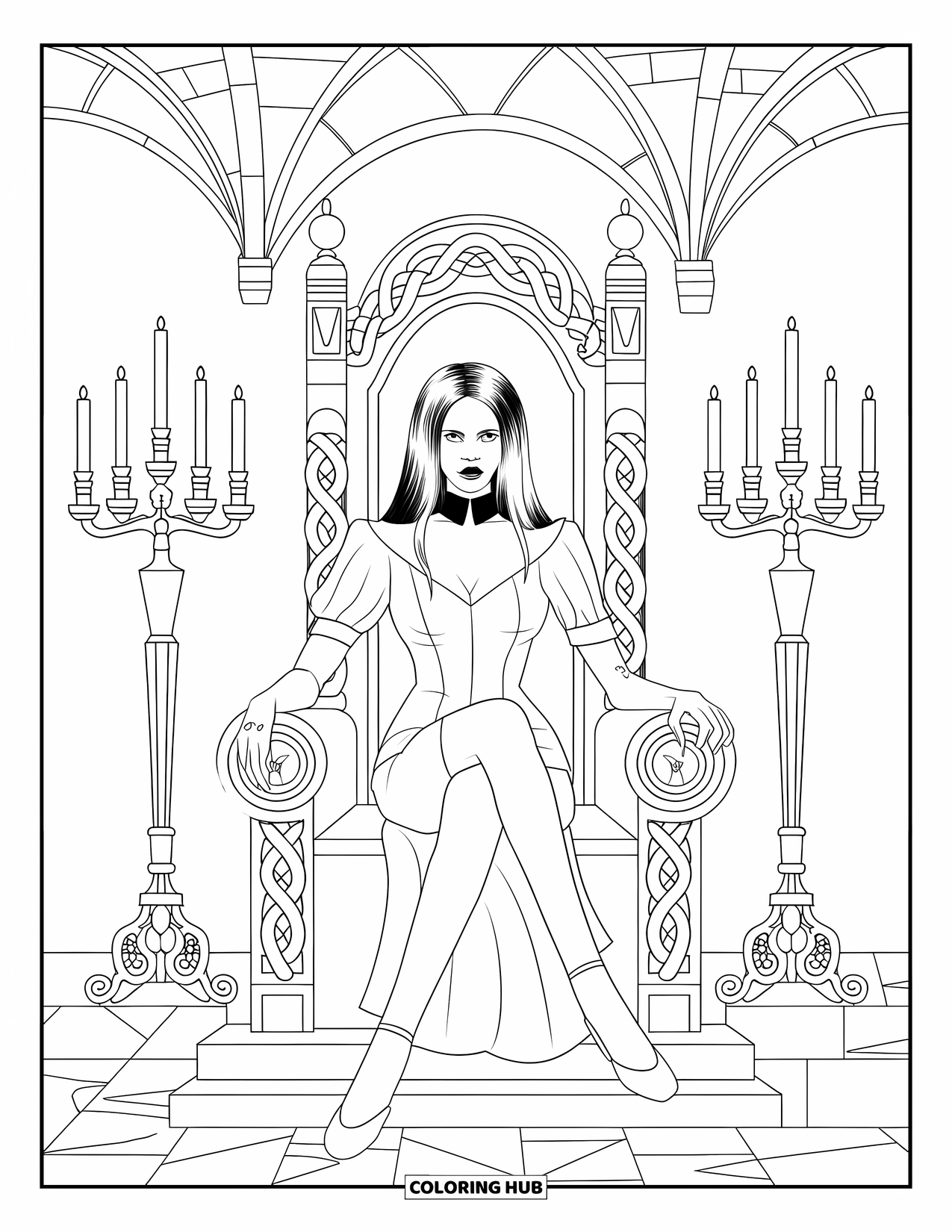 Vampire Coloring Page for Adults: A vampire in a high-collared dress sits on a snake-carved throne in a stone room