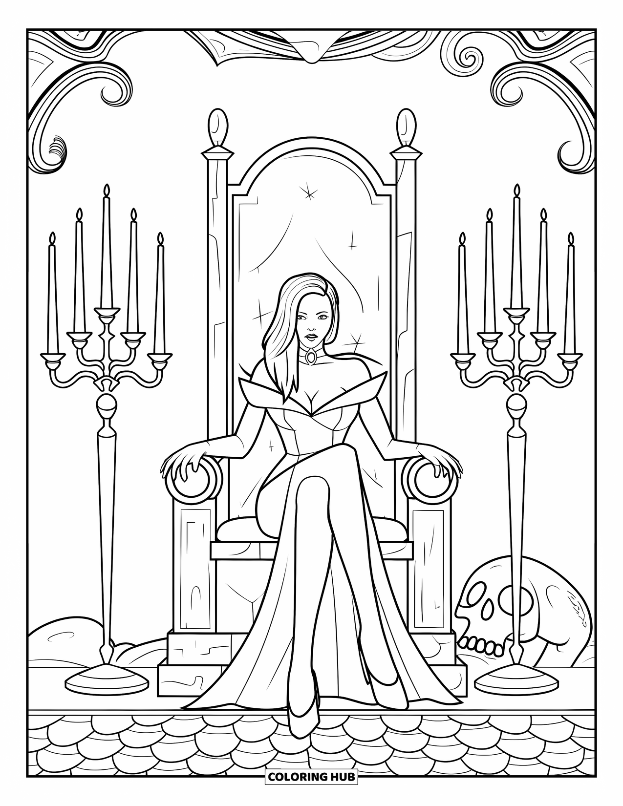 Vampire Coloring Page for Adults: A vampire woman sits calmly on a stone throne surrounded by scrolls and a skull