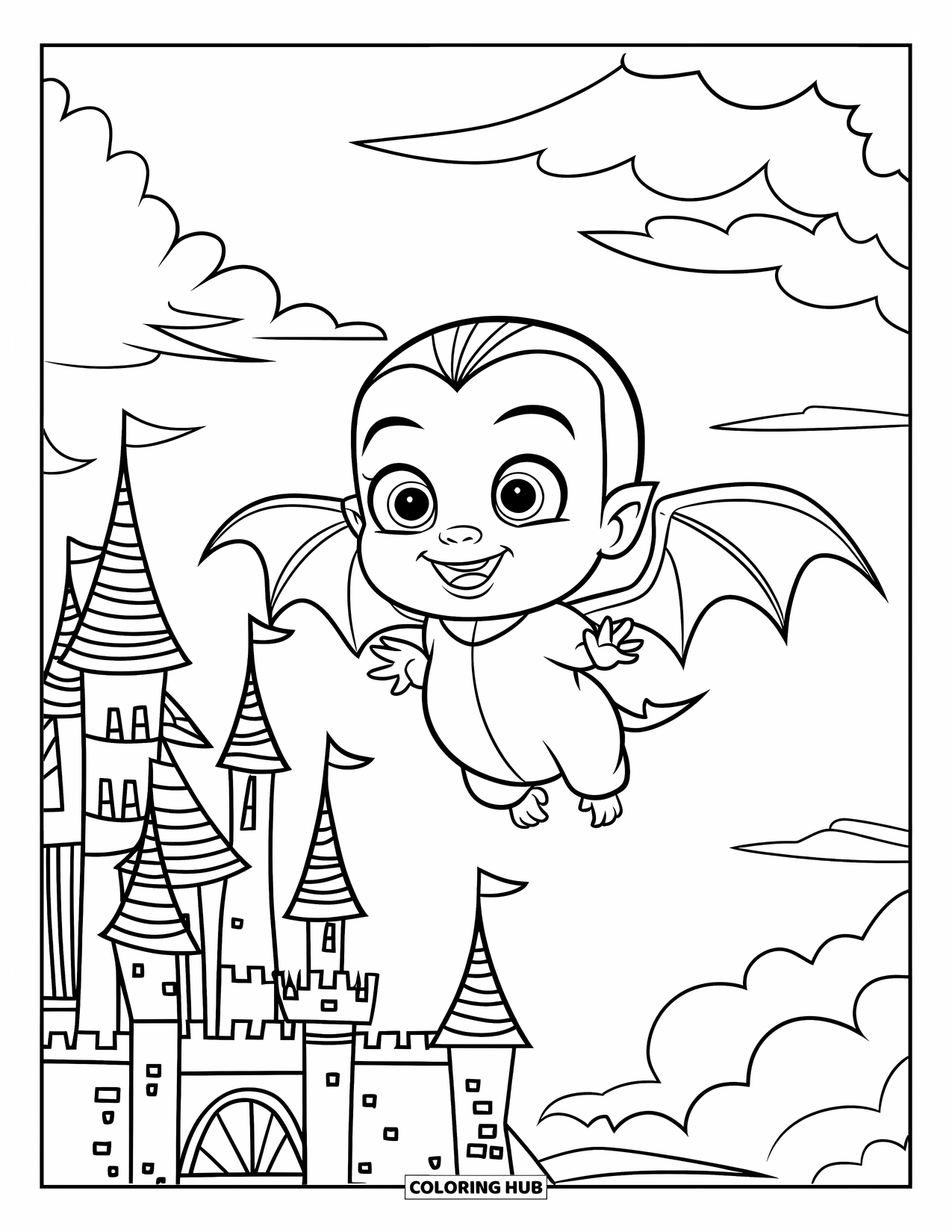 Vampire Coloring Page for Kids: A baby vampire with a pointy hat soars over a castle and drawbridge