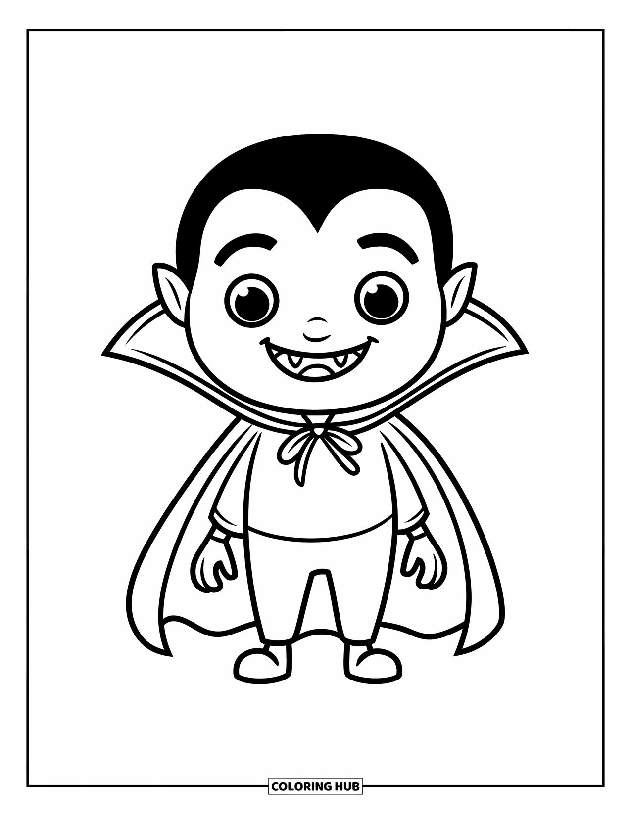 Vampire Coloring Page for Kids: A cheerful vampire stands proudly with his cape spread wide