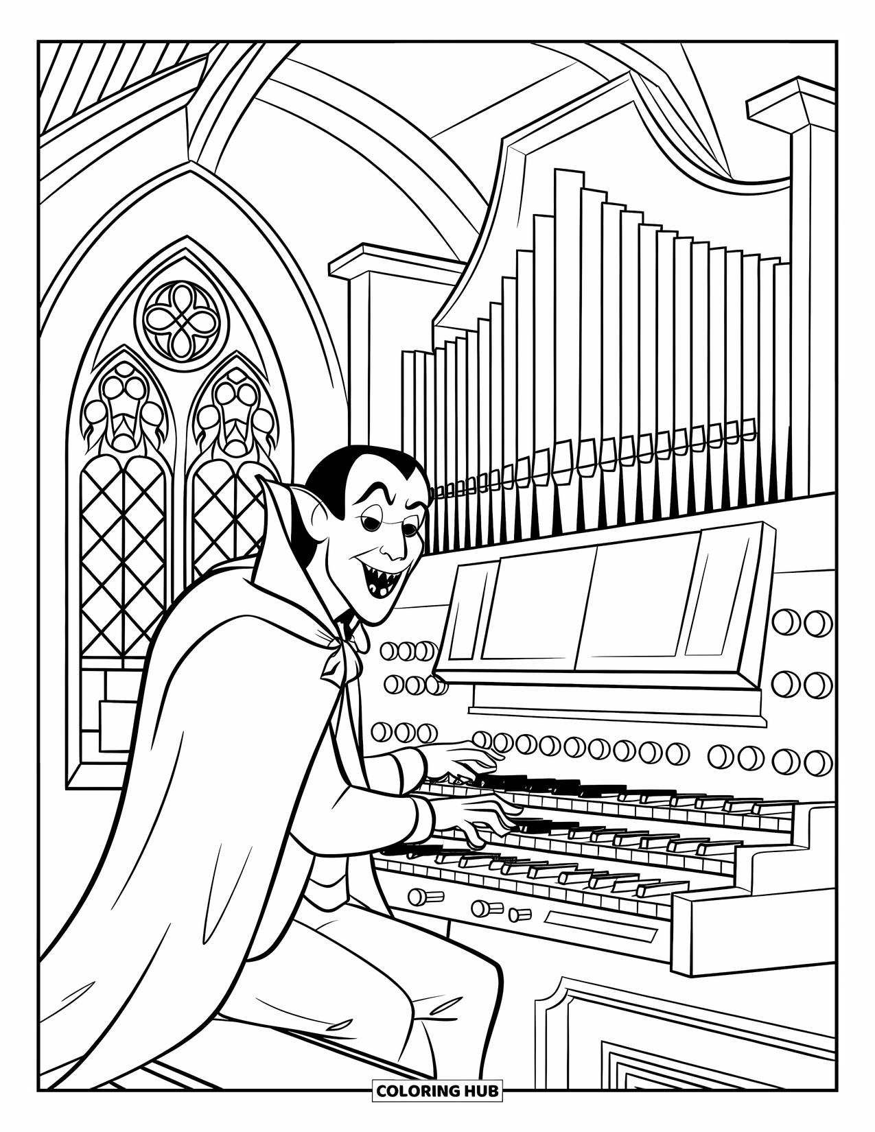 Vampire Coloring Page for Kids: A cloaked vampire plays eerie tunes on an organ in a gothic, candlelit room
