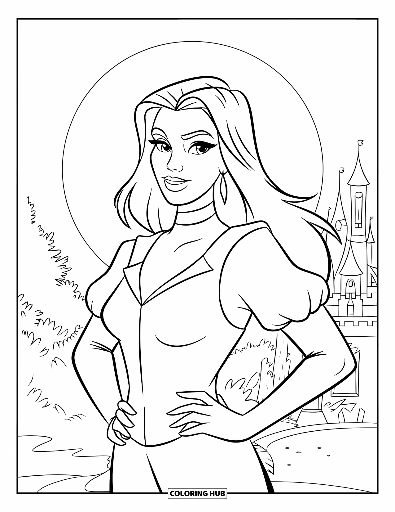 Vampire Coloring Page for Kids: A confident vampire poses under the full moon with a castle in the distance