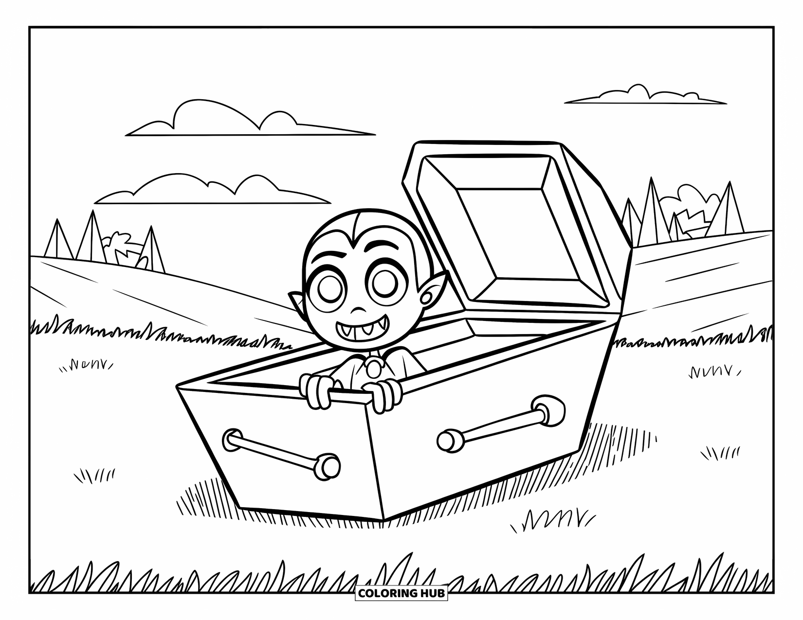 Vampire Coloring Page for Kids: A fang-toothed vampire boy peeks from a coffin in a grassy field with trees