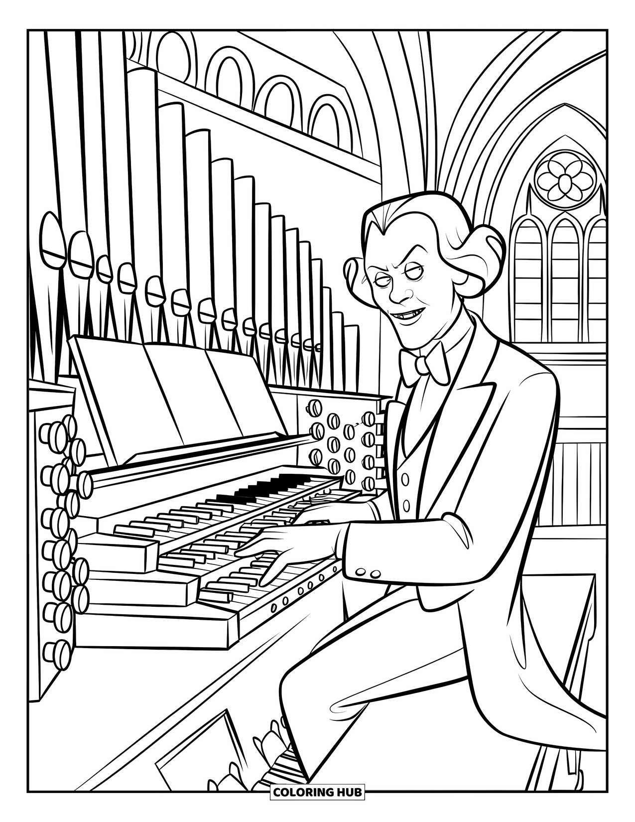 Vampire Coloring Page for Kids: A pale vampire with curls plays spooky music on an organ in a gothic church