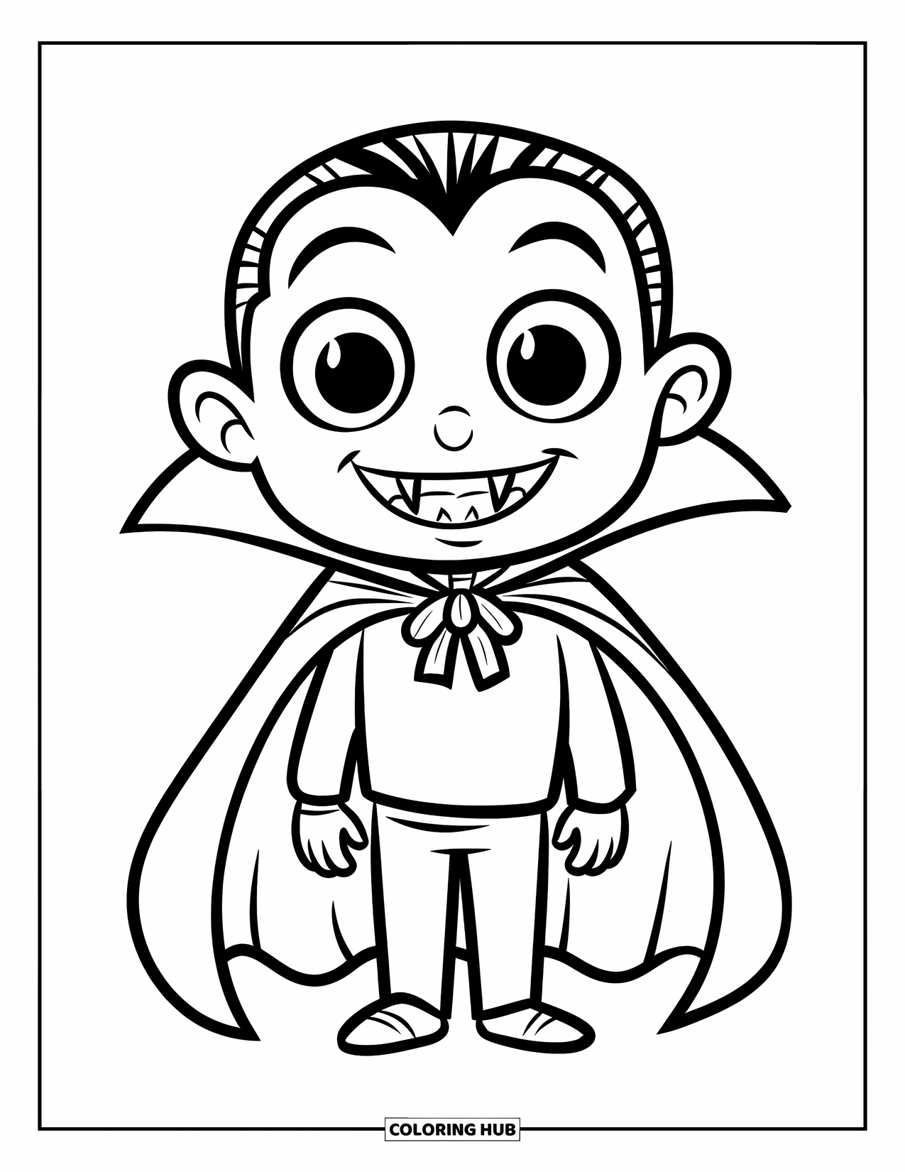 Vampire Coloring Page for Kids: A smiling little vampire with big eyes opens his cape playfully