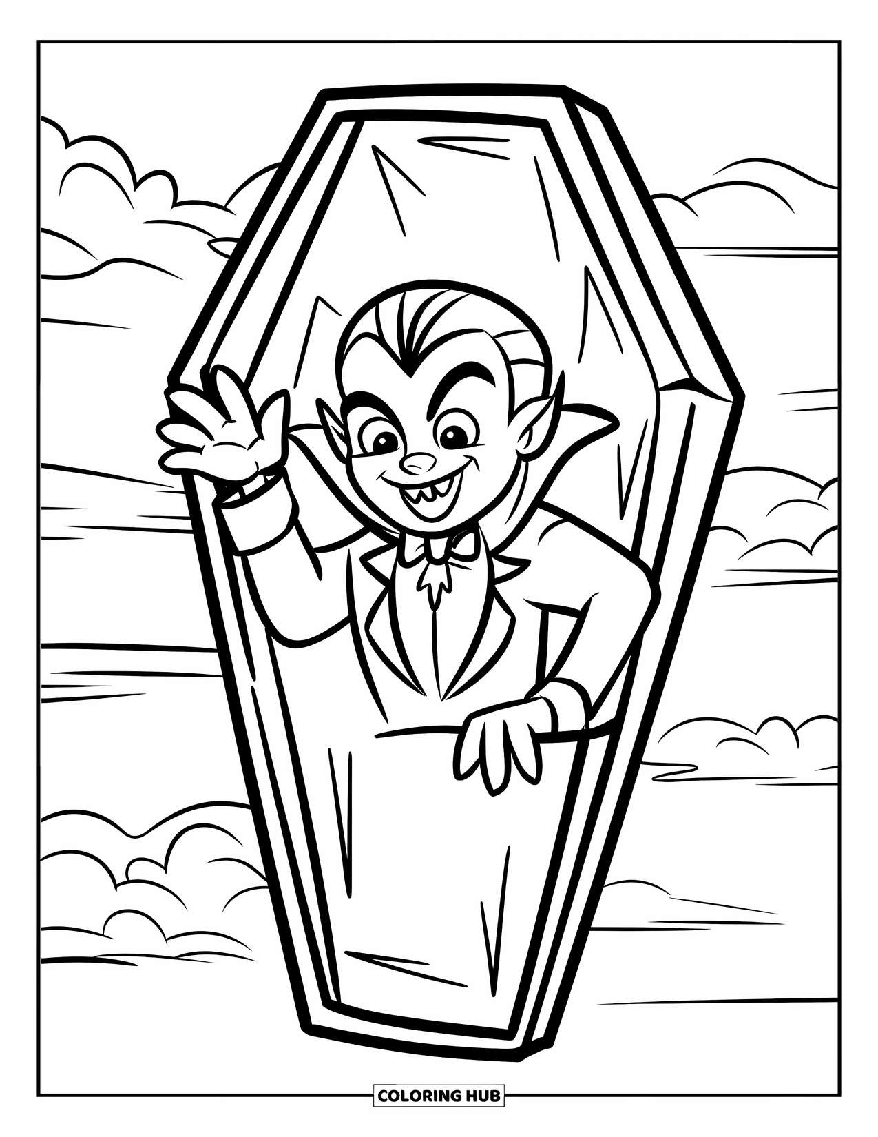 Vampire Coloring Page for Kids: A smiling vampire waves from a coffin against a cloudy sky