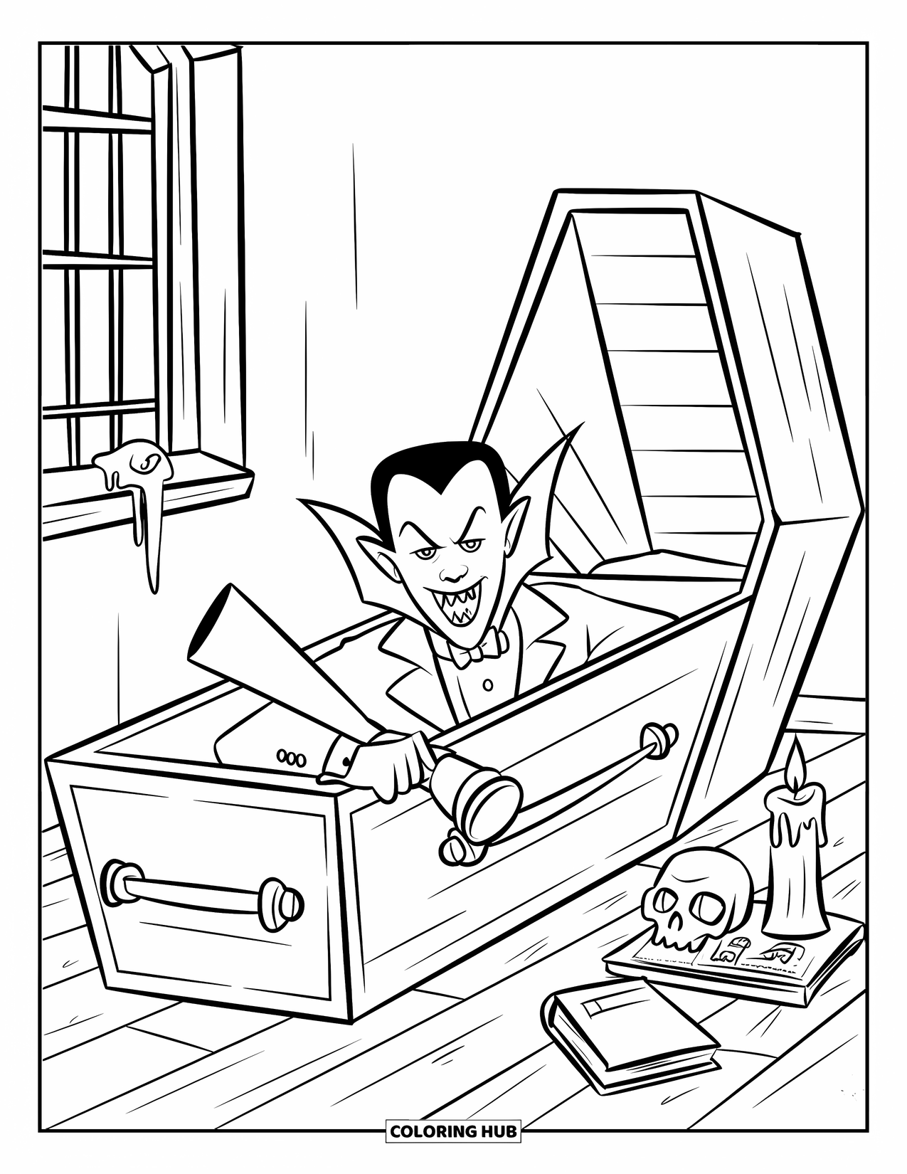 Vampire Coloring Page for Kids: A sneaky vampire peeks from his coffin with a flashlight in a spooky, cluttered room