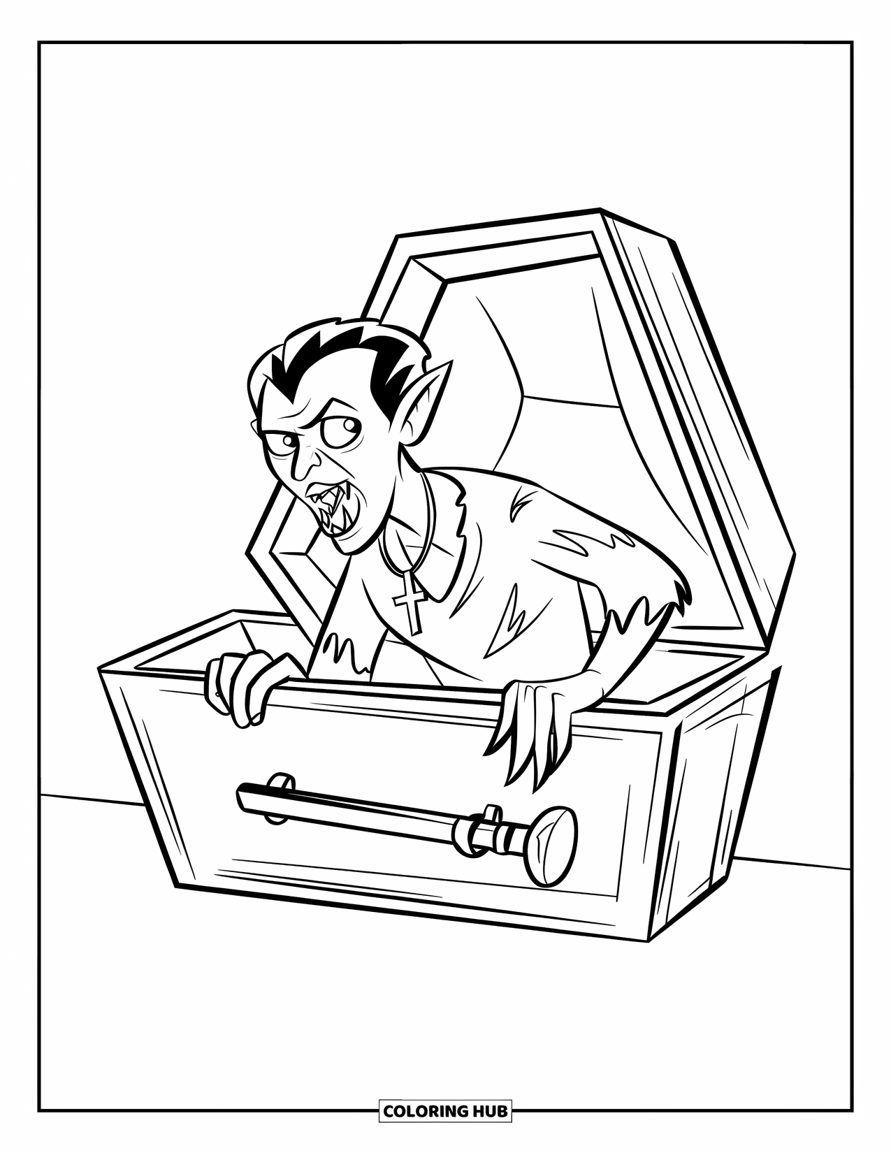 Vampire Coloring Page for Kids: A spiky-haired vampire creeps from a coffin with a flashlight in a shadowy room