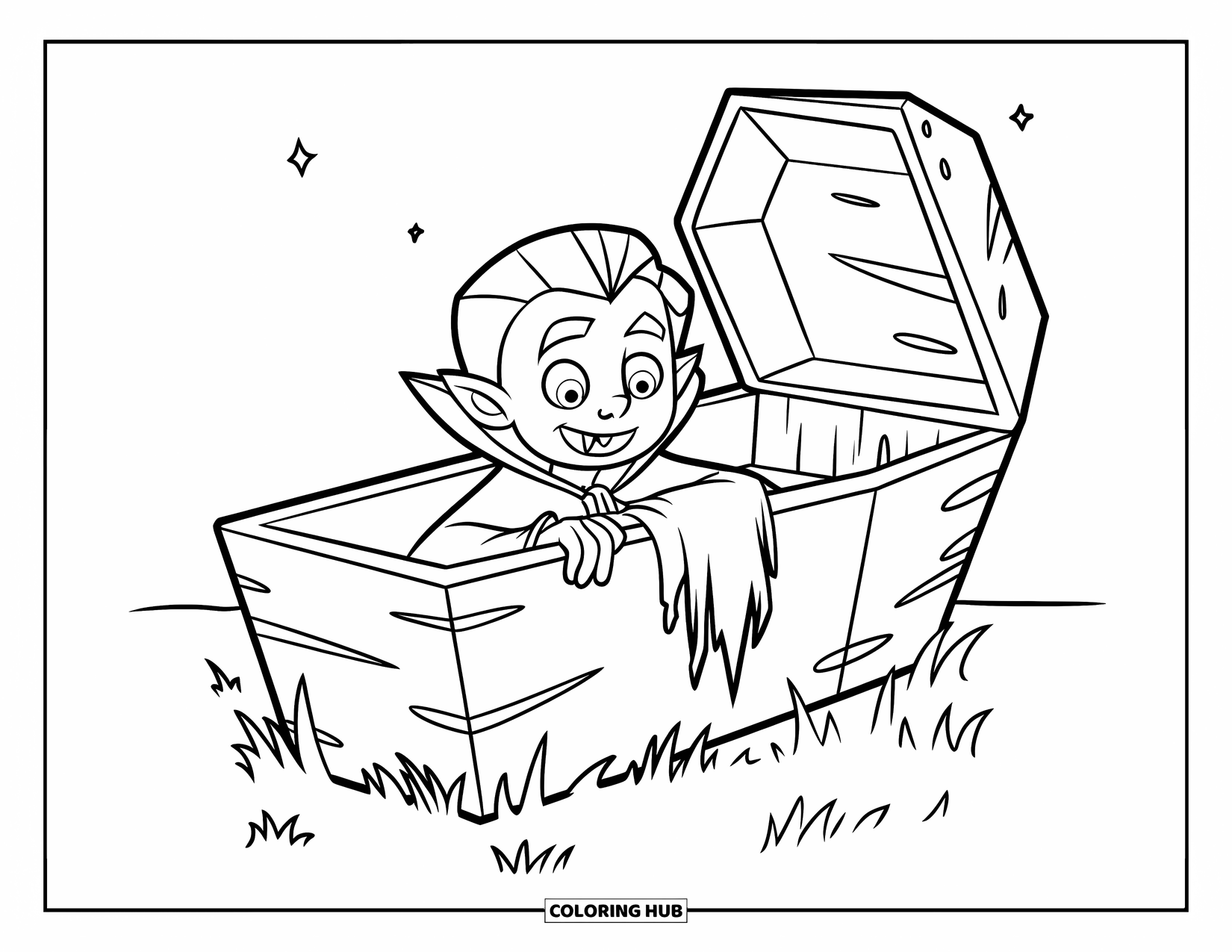 Vampire Coloring Page for Kids: A vampire boy with pointy ears peeks from a coffin under a starlit sky