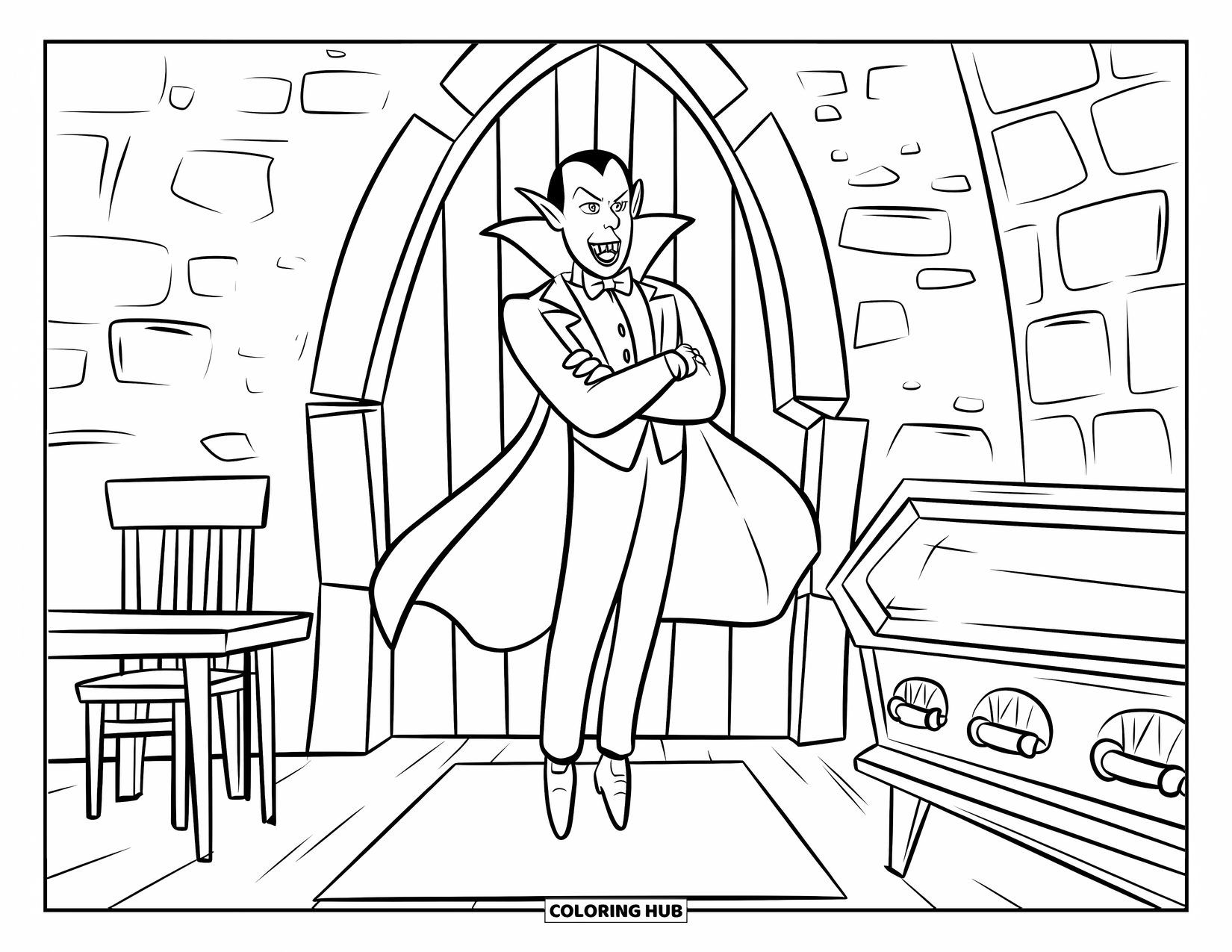 Vampire Coloring Page for Kids: A vampire floats with arms crossed inside a stone chamber with a wooden door