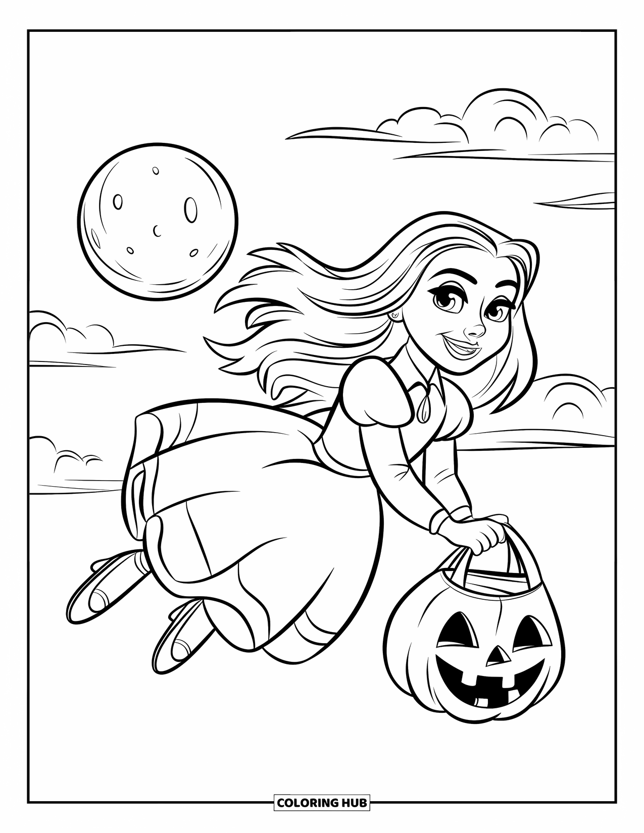 Vampire Coloring Page for Kids: A vampire girl flies past a glowing moon with fangs and a spooky treat bag
