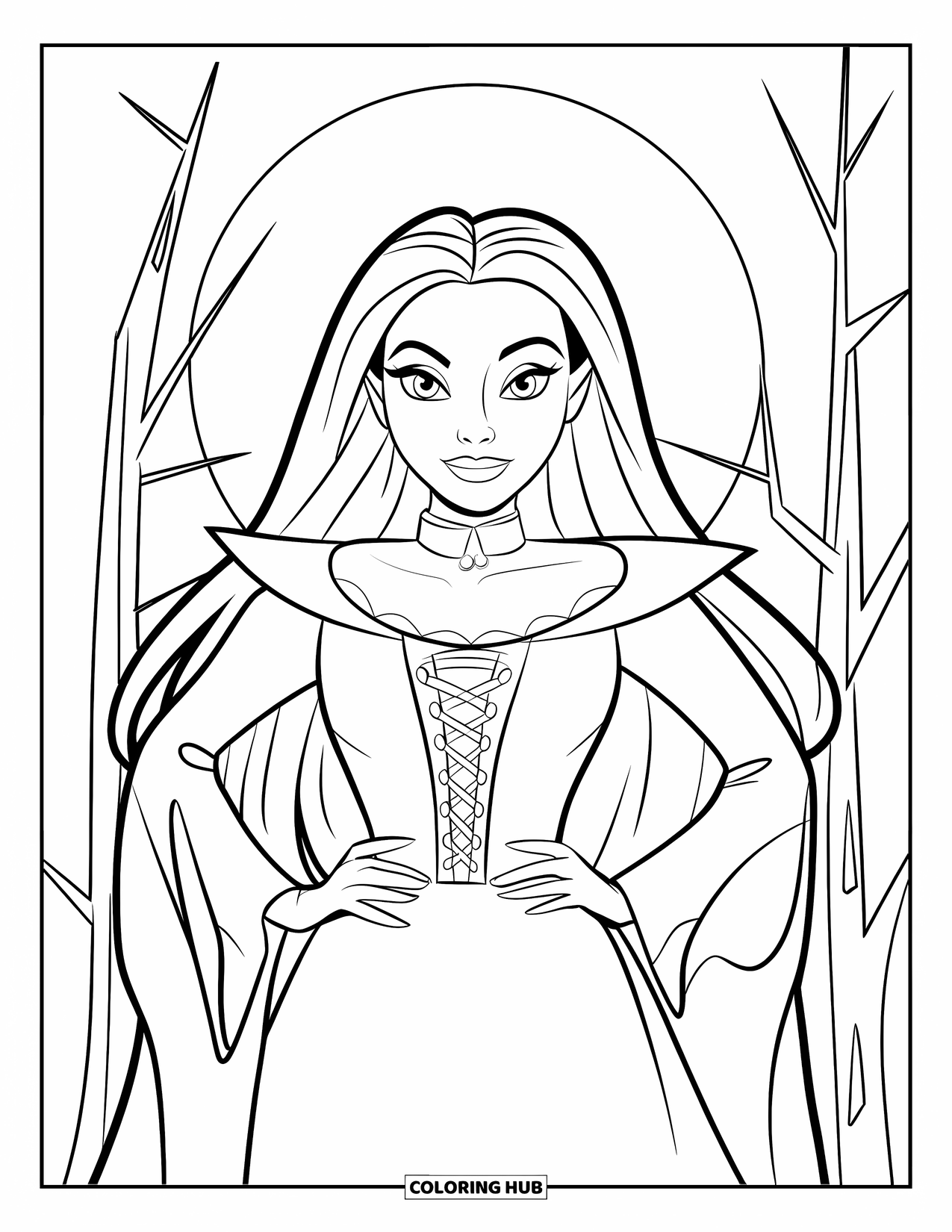 Vampire Coloring Page for Kids: A vampire girl stands confidently under the moon with trees and thin branches nearby