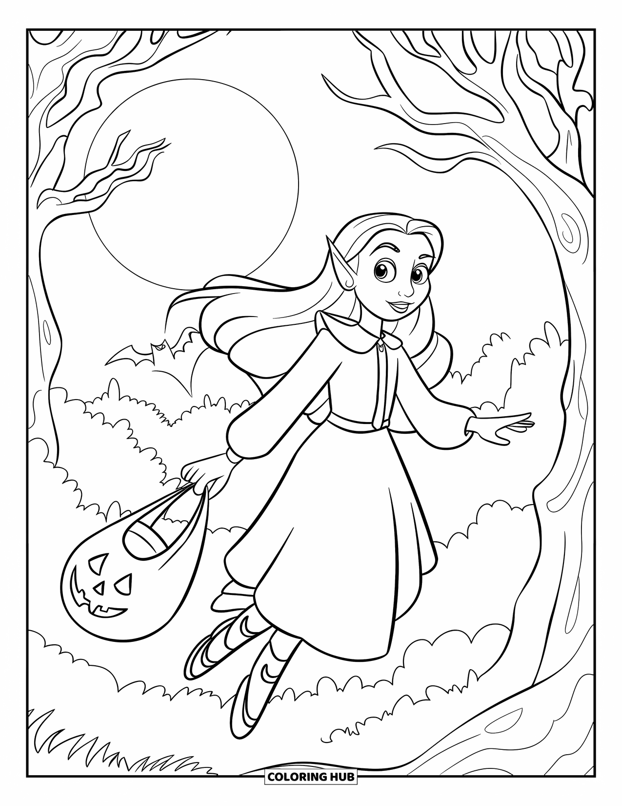 Vampire Coloring Page for Kids: A vampire girl with a bag soars past a moonlit forest on Halloween