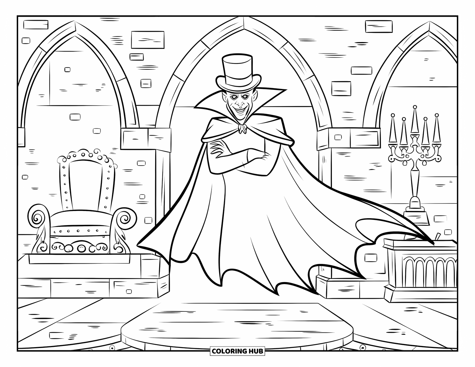 Vampire Coloring Page for Kids: A vampire in a cloak and top hat floats inside a grand chamber with portraits