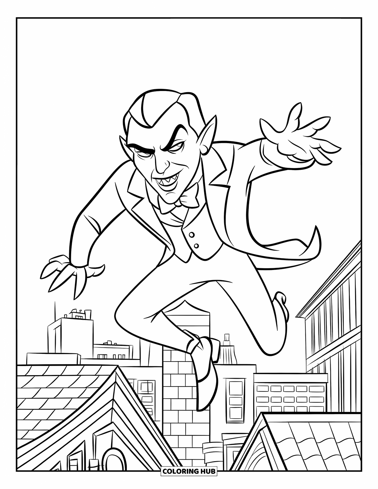 Vampire Coloring Page for Kids: A vampire in a tuxedo jumps between buildings under a dark night sky