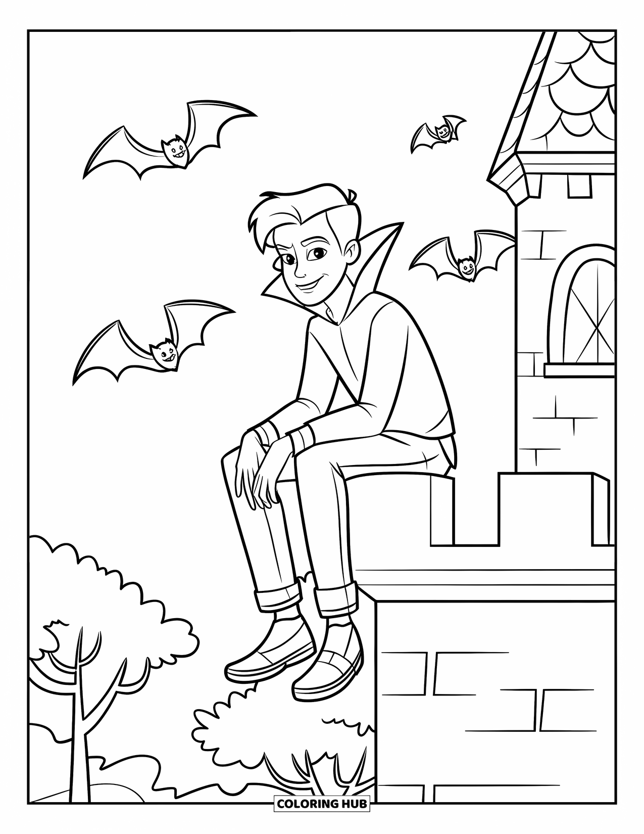 Vampire Coloring Page for Kids: A vampire sits high above a forest as bats fly past a nearby castle