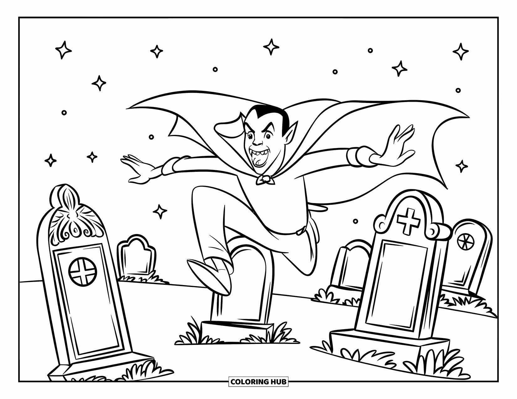 Vampire Coloring Page for Kids: A vampire with a cape jumps over decorated tombstones beneath a bright night sky