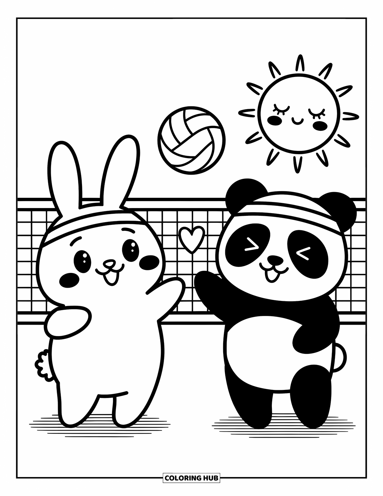 Volleyball Coloring Page for Adults: A bunny and panda face off mid-game, wearing sporty headbands near a heart scoreboard