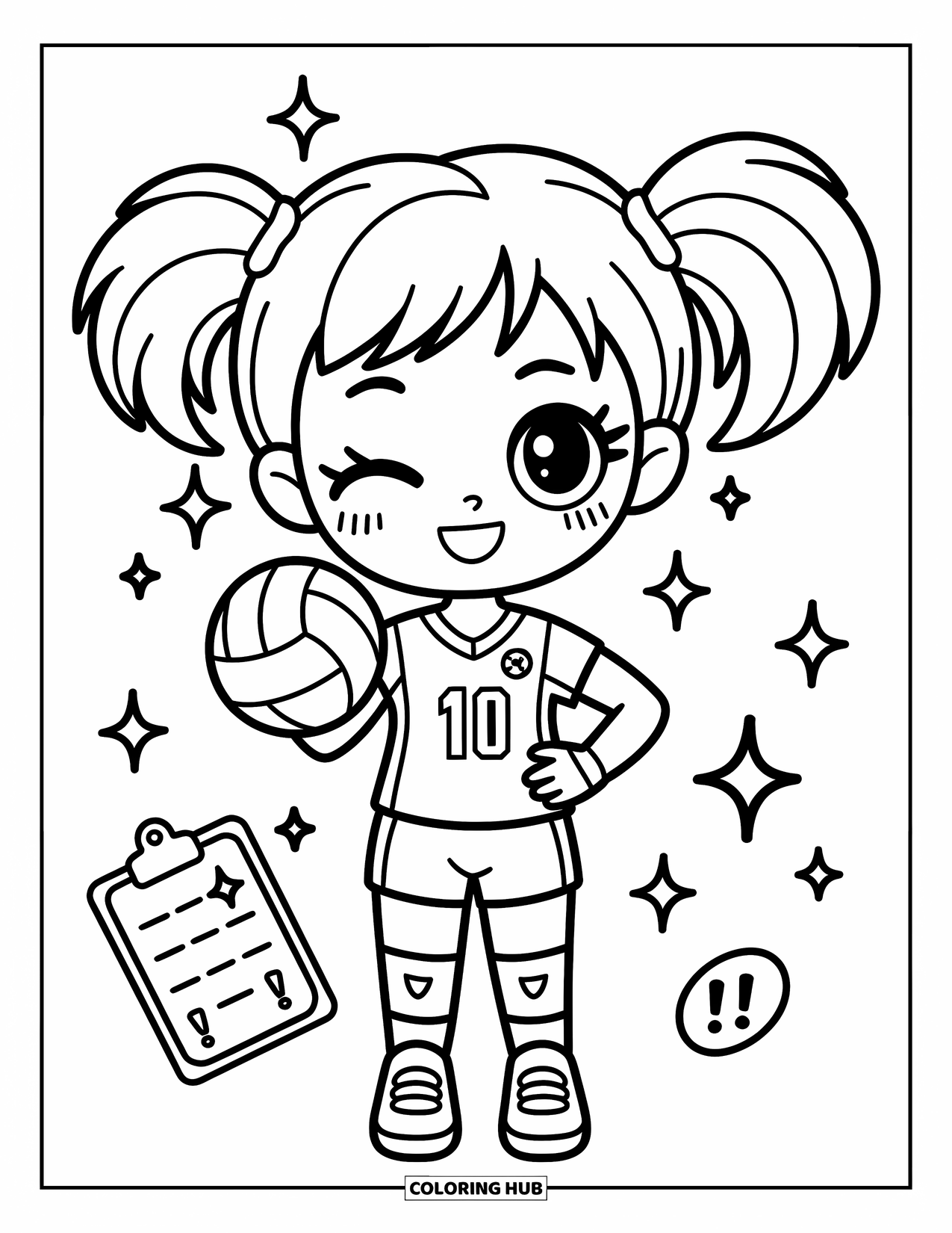 Volleyball Coloring Page for Adults: A chibi girl in a volleyball outfit winks while holding a ball with sparkles around her
