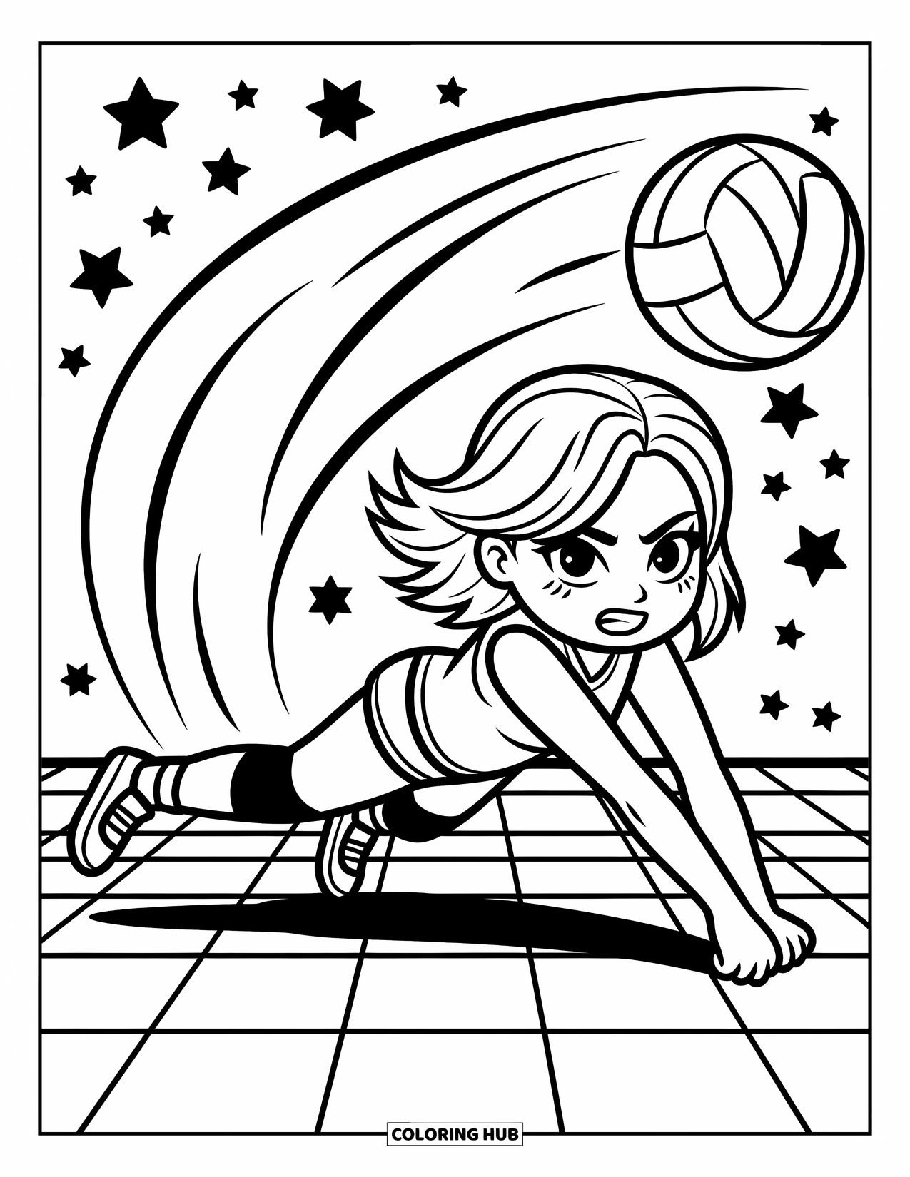 Volleyball Coloring Page for Adults: A chibi volleyball player dives with fierce focus, reaching toward the ball mid-motion
